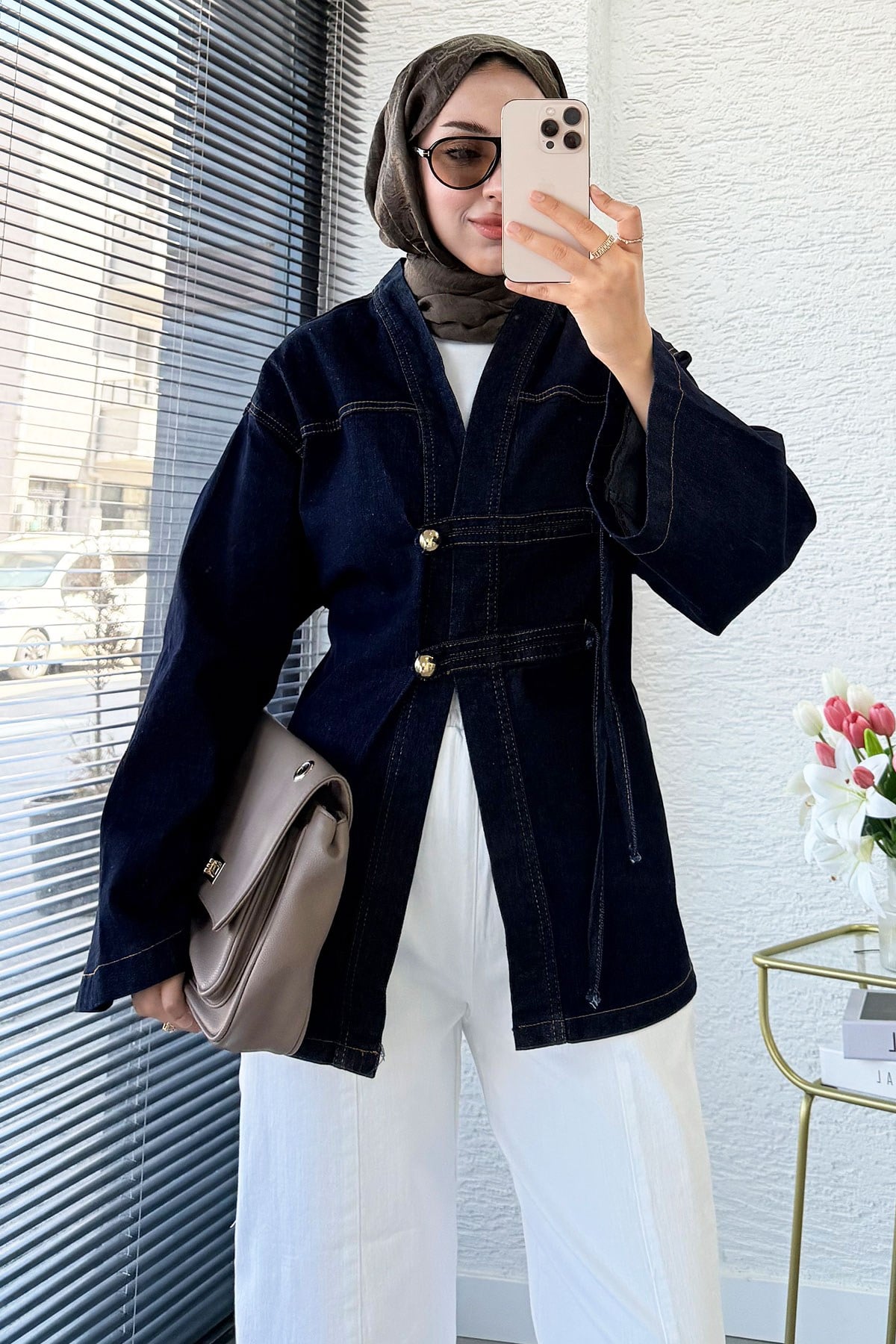 Premıum Çin Kapama Arkadan Bağlamalı Denim Kimono - Koyu Mavi