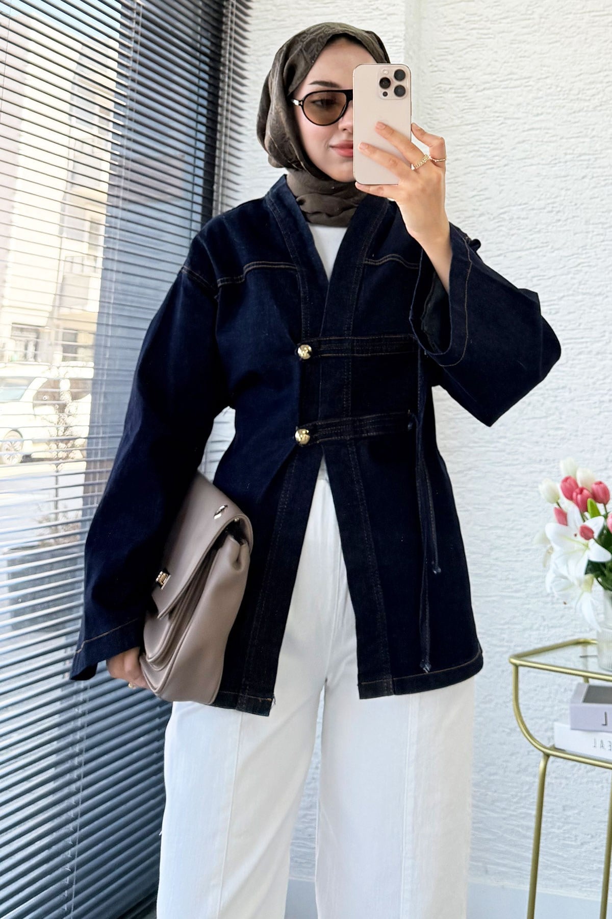 Premıum Çin Kapama Arkadan Bağlamalı Denim Kimono - Koyu Mavi