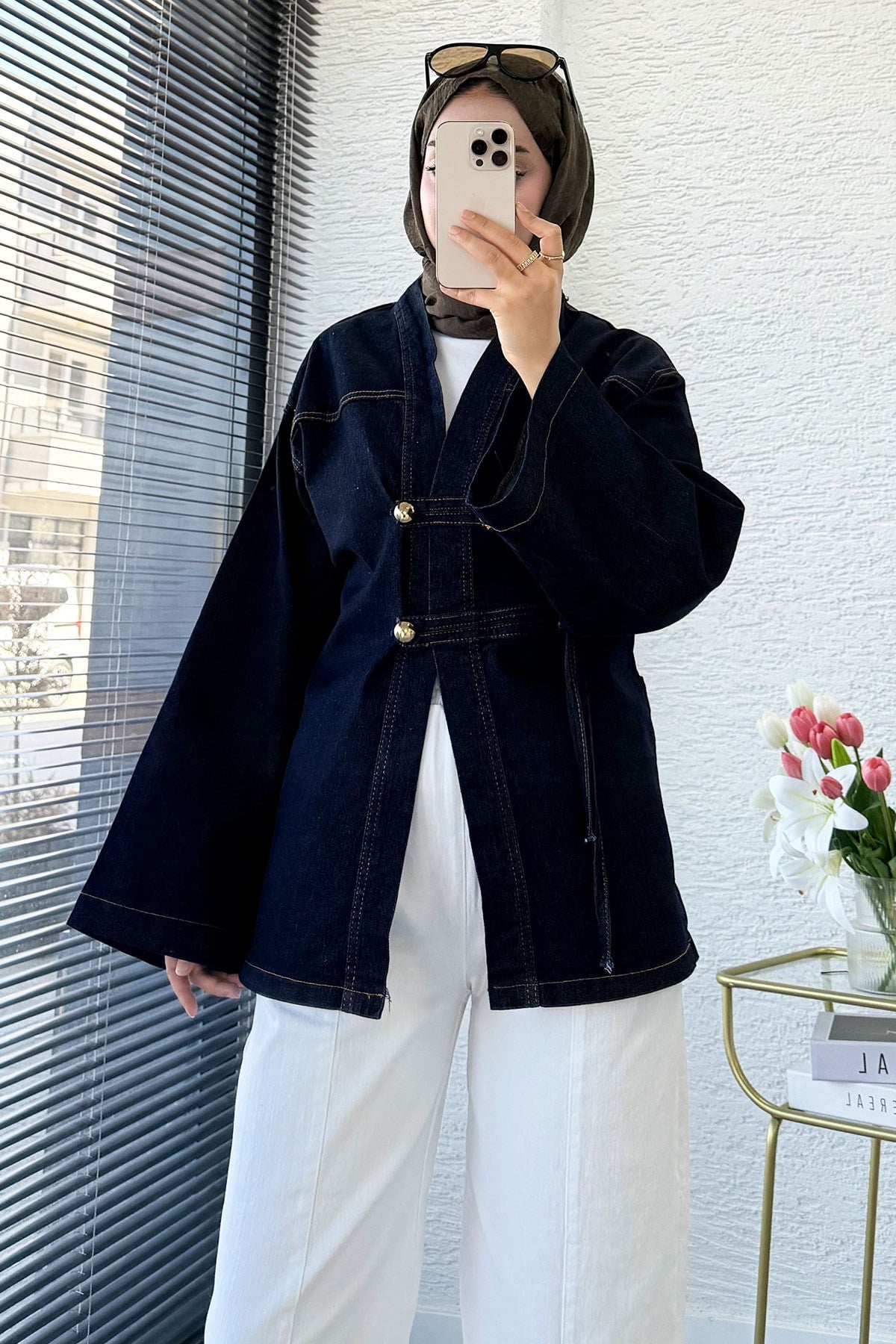 Premıum Çin Kapama Arkadan Bağlamalı Denim Kimono - Koyu Mavi