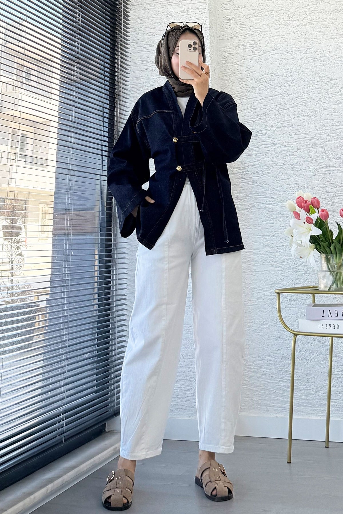 Premıum Çin Kapama Arkadan Bağlamalı Denim Kimono - Koyu Mavi