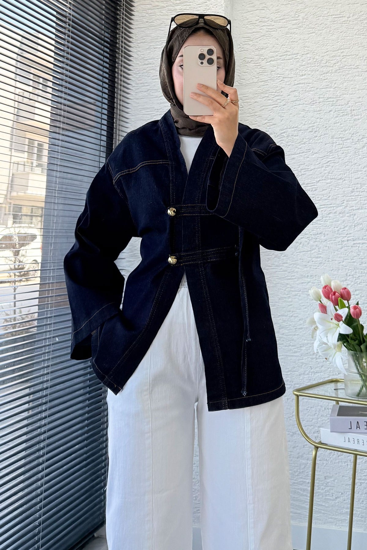 Premıum Çin Kapama Arkadan Bağlamalı Denim Kimono - Koyu Mavi