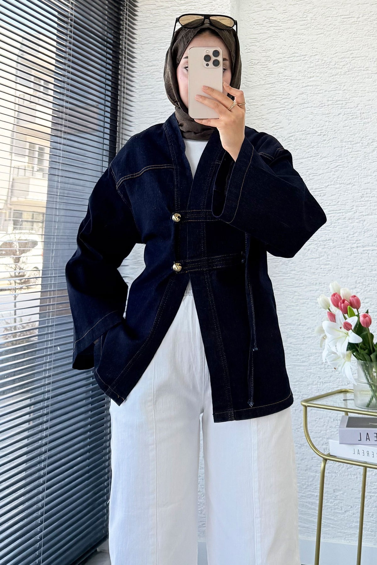 Premıum Çin Kapama Arkadan Bağlamalı Denim Kimono - Koyu Mavi