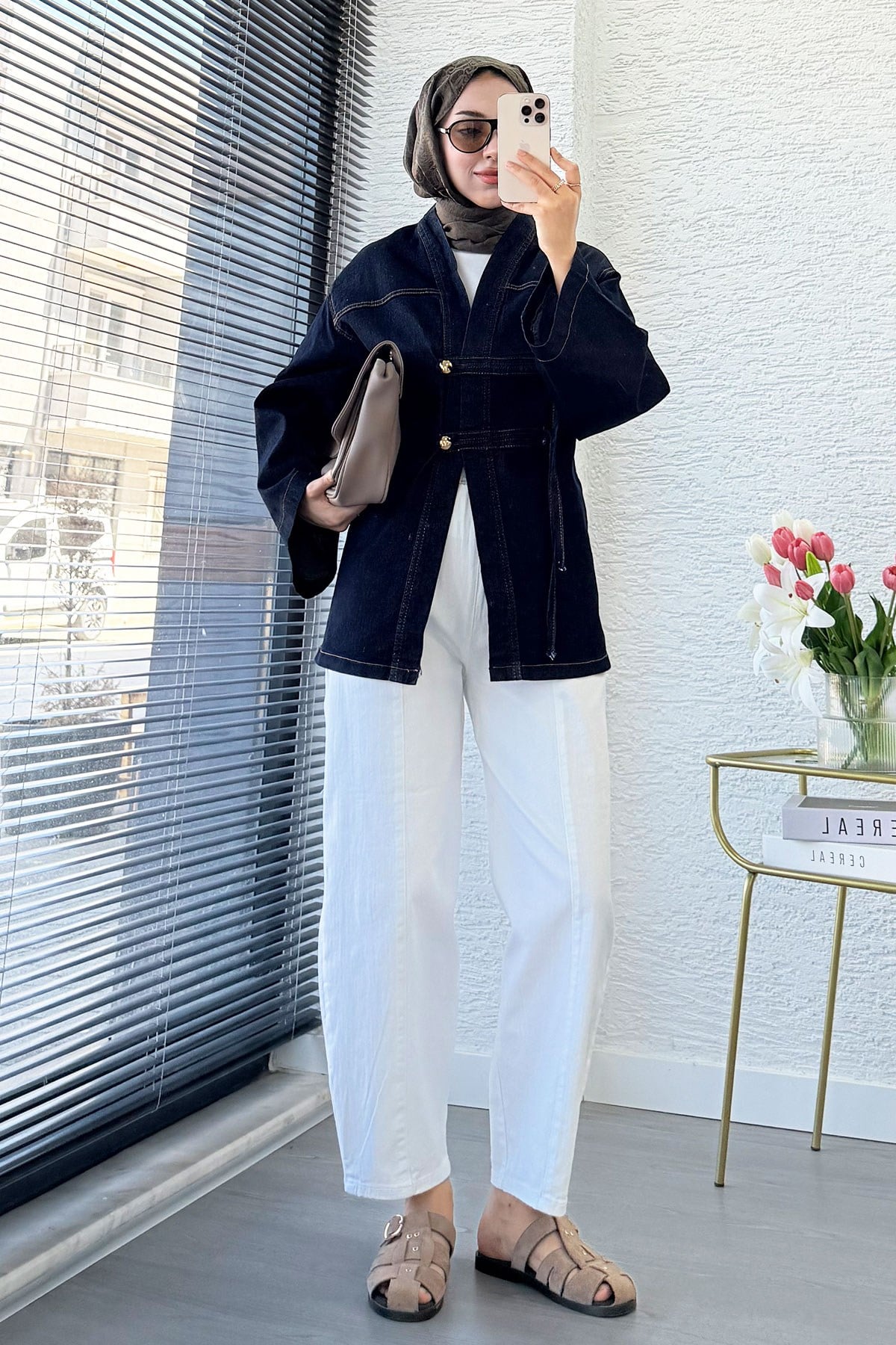 Premıum Çin Kapama Arkadan Bağlamalı Denim Kimono - Koyu Mavi