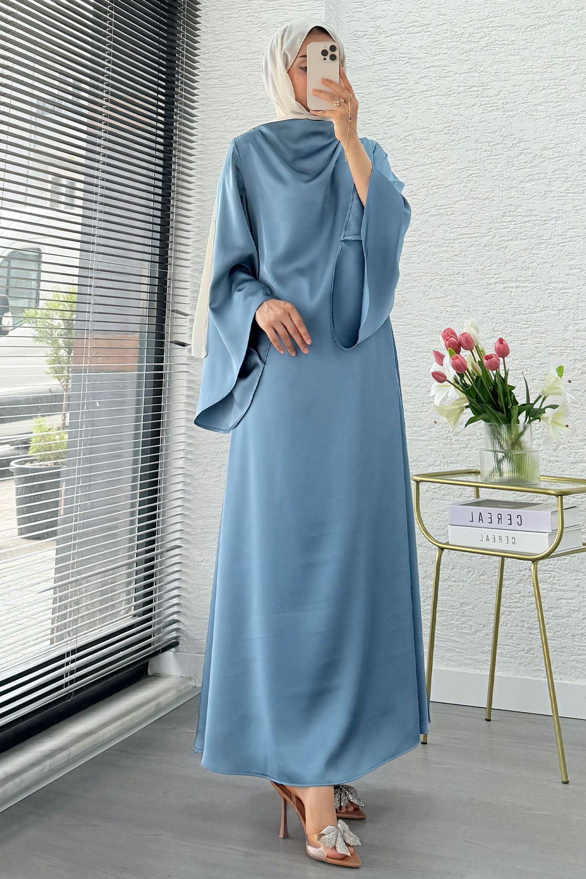 Premıum Degaje Yaka Çift Taraflı Saten Elbise - Mavi