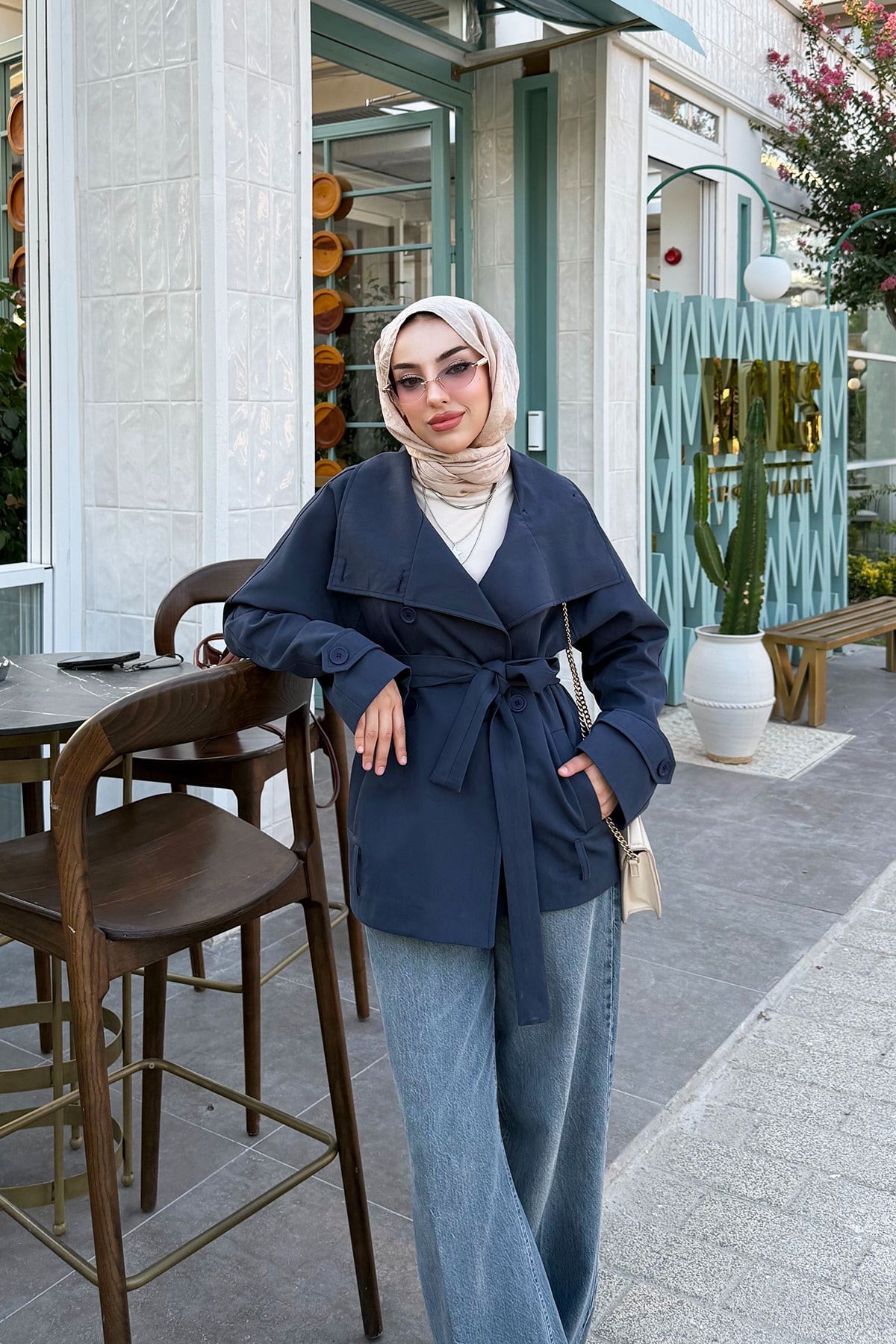 Premıum Dik Yaka Kuşaklı Malta Trençkot - İndigo
