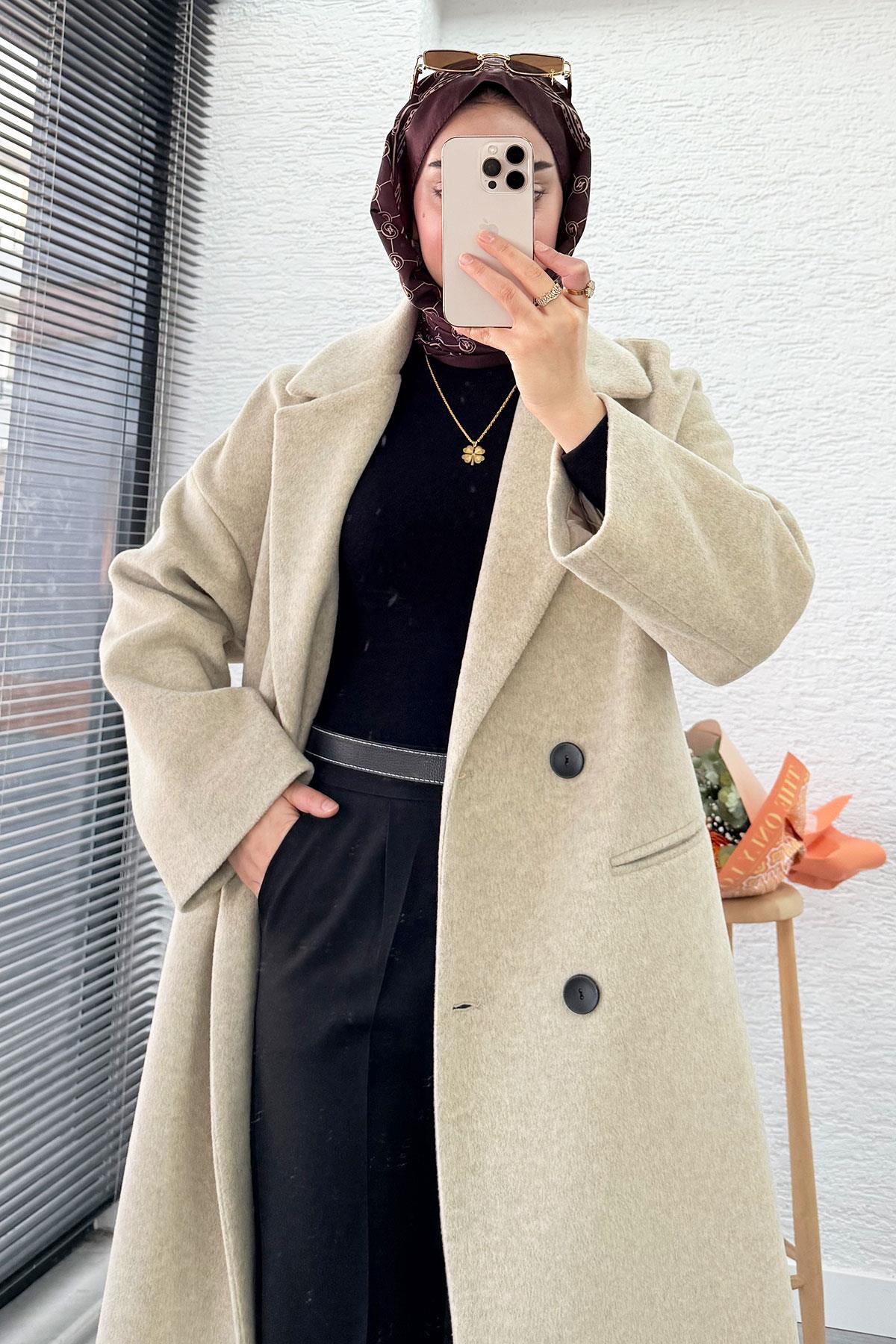 Premium Dört Düğmeli Cepli Oversize Kaşe Kaban - Bej