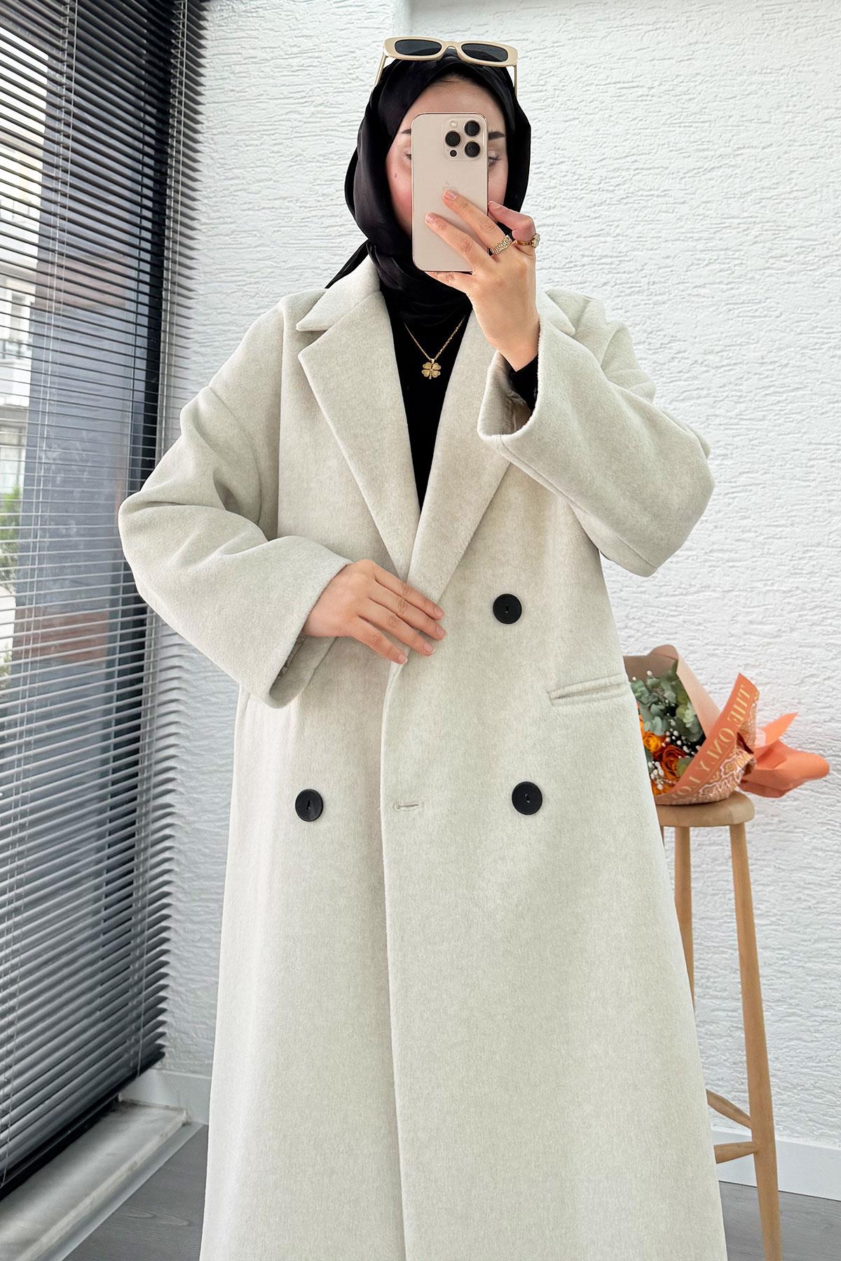 Premium Dört Düğmeli Cepli Oversize Kaşe Kaban - Taş
