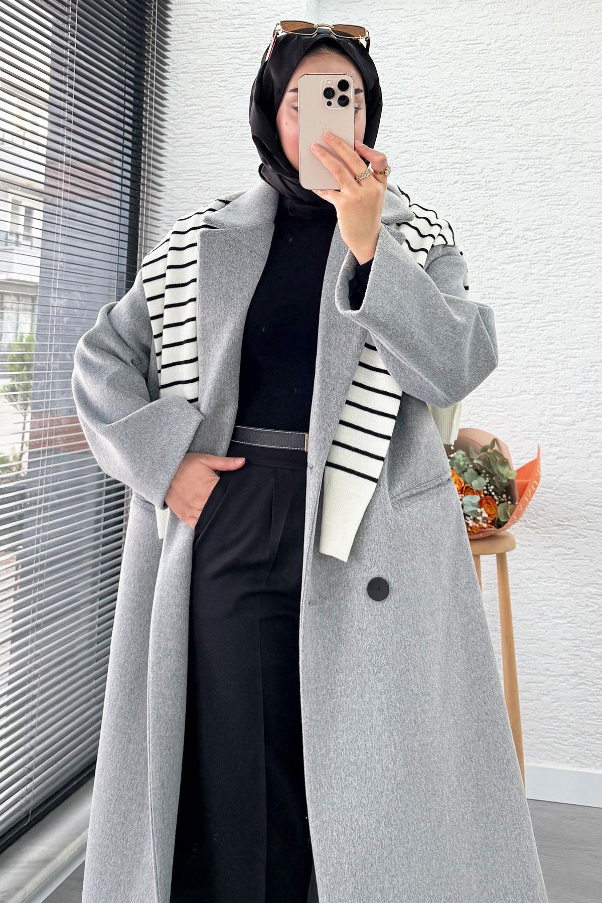 Premium Dört Düğmeli Cepli Oversize Kaşe Kaban - Gri