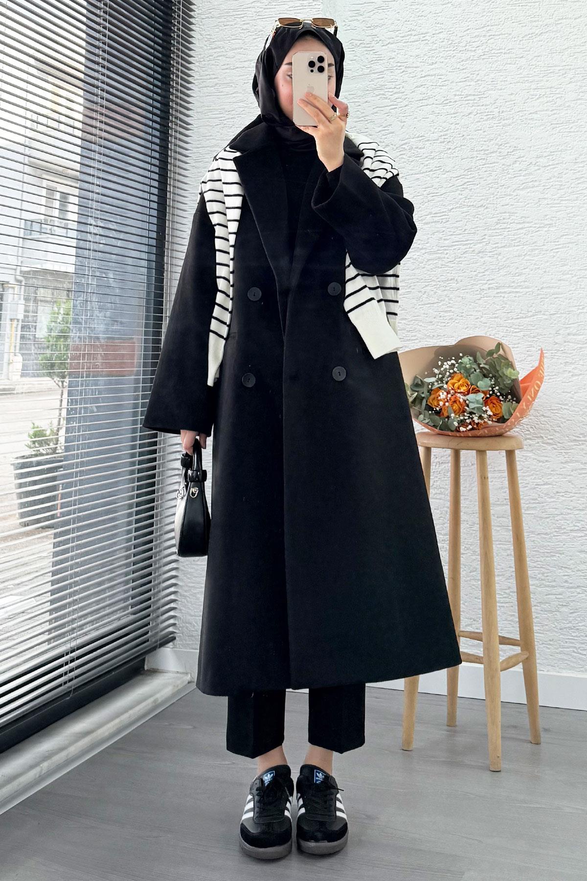 Premium Dört Düğmeli Cepli Oversize Kaşe Kaban - Siyah