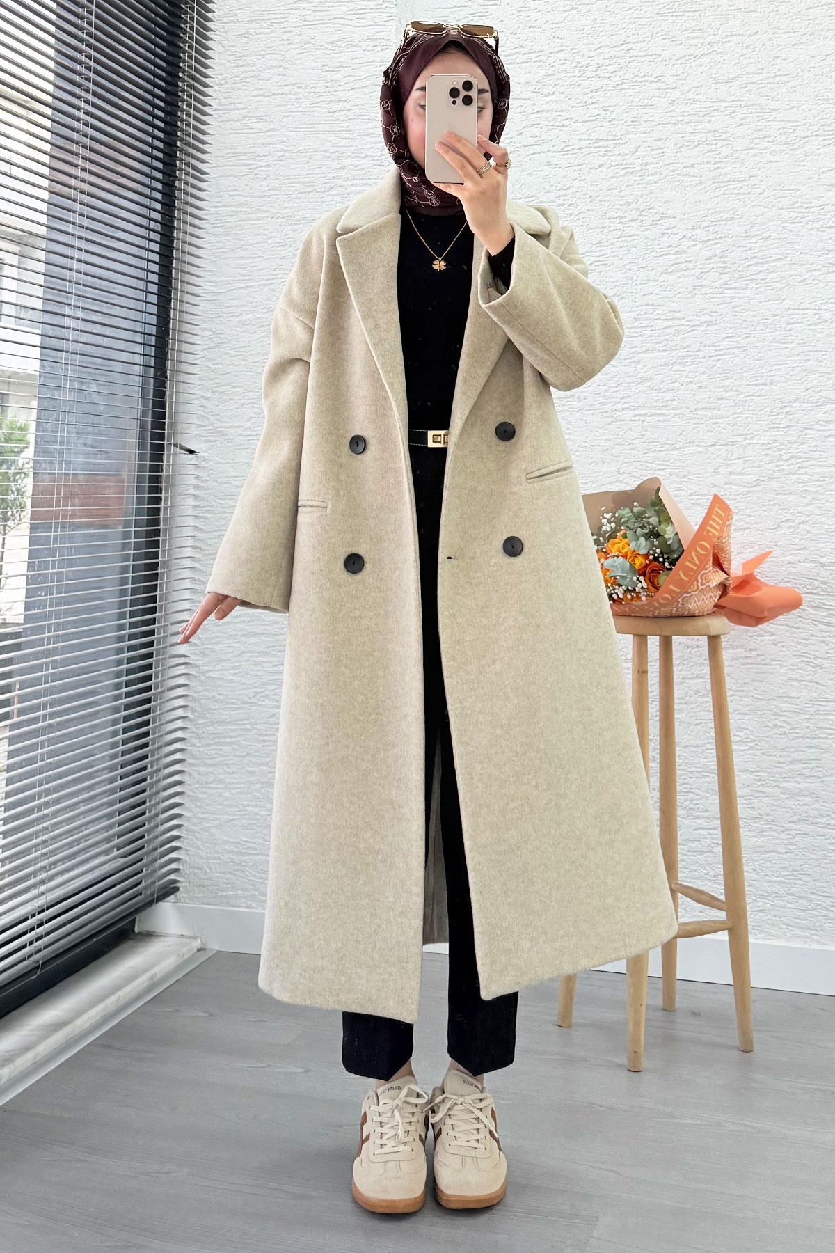 Premium Dört Düğmeli Cepli Oversize Kaşe Kaban - Bej