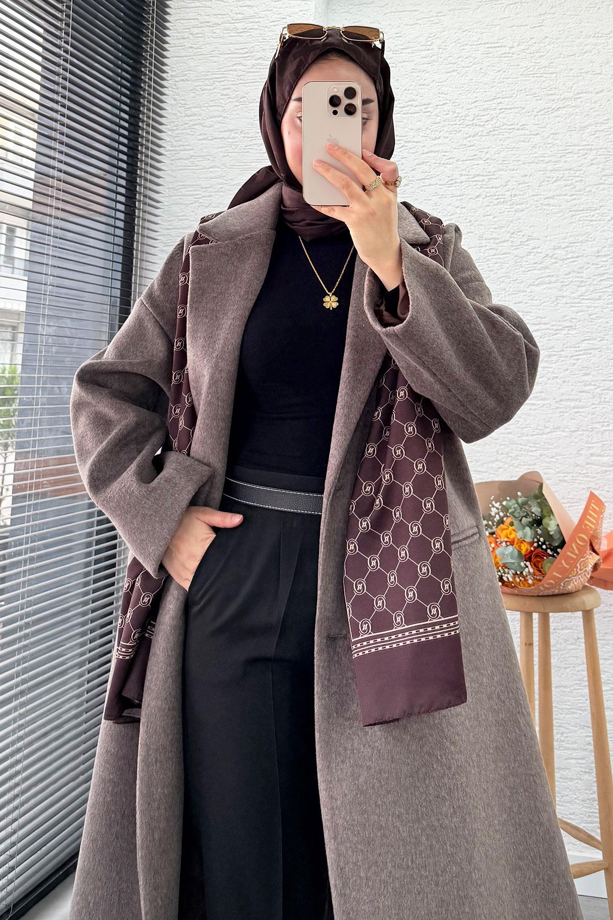 Premium Dört Düğmeli Cepli Oversize Kaşe Kaban - Kahverengi
