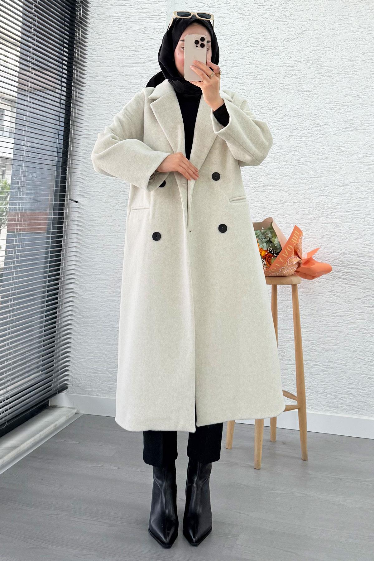 Premium Dört Düğmeli Cepli Oversize Kaşe Kaban - Taş