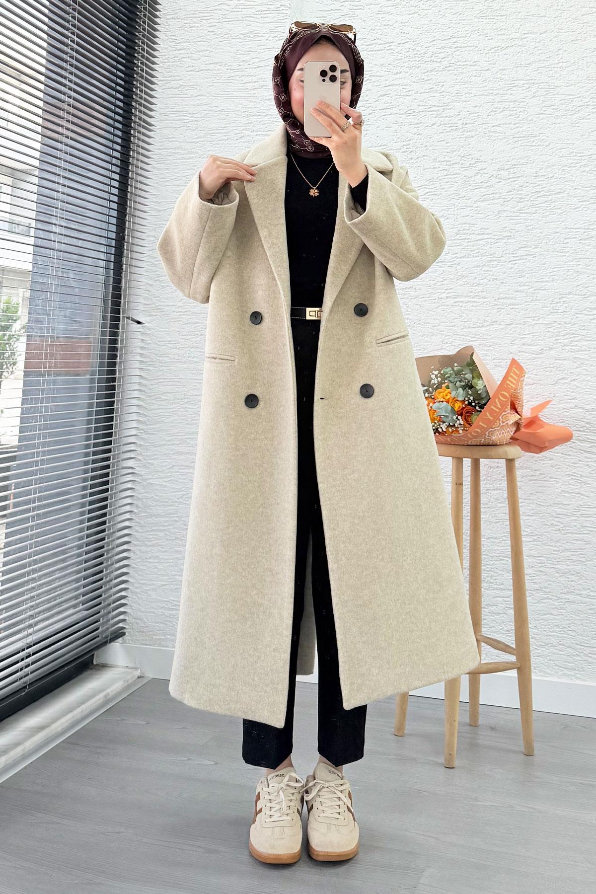 Premium Dört Düğmeli Cepli Oversize Kaşe Kaban - Bej