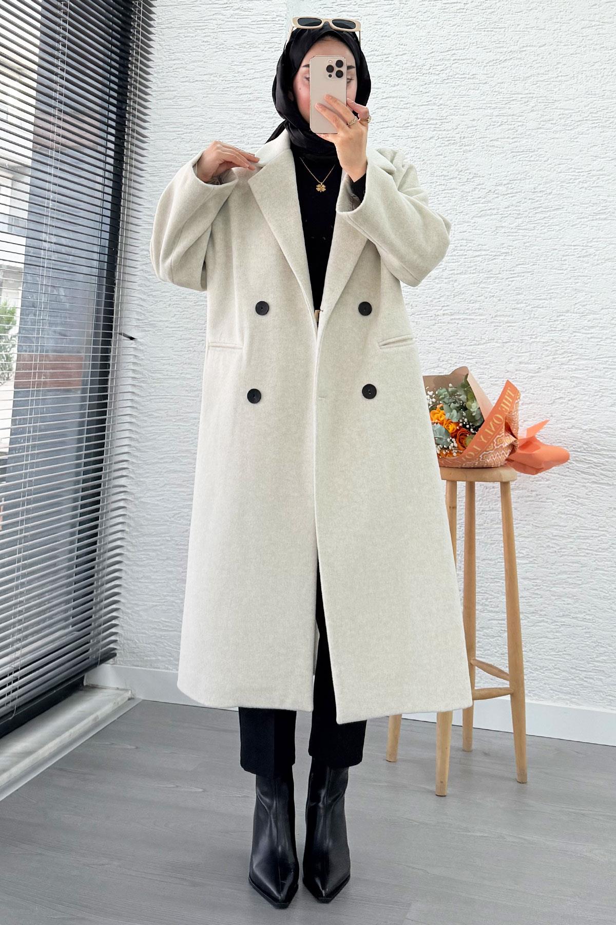 Premium Dört Düğmeli Cepli Oversize Kaşe Kaban - Taş