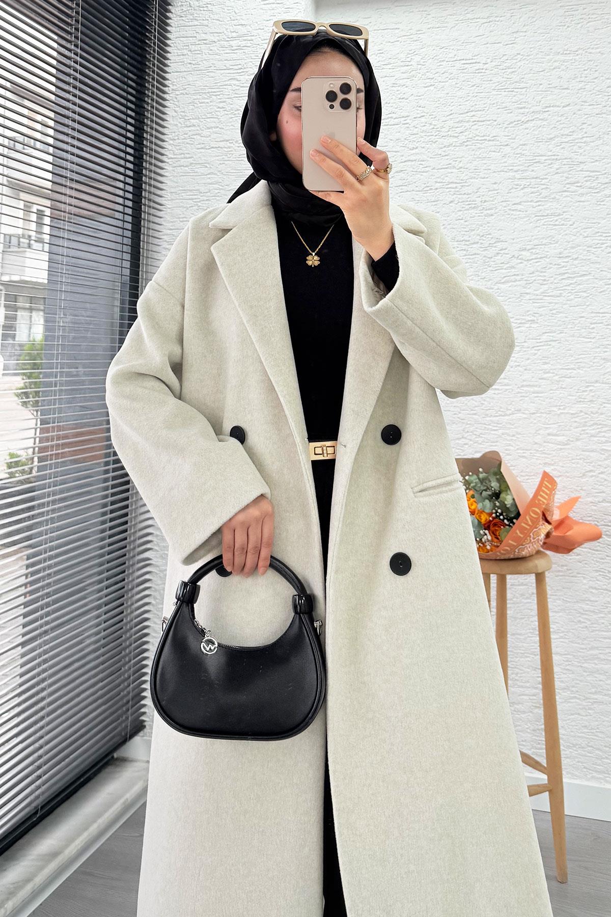 Premium Dört Düğmeli Cepli Oversize Kaşe Kaban - Taş