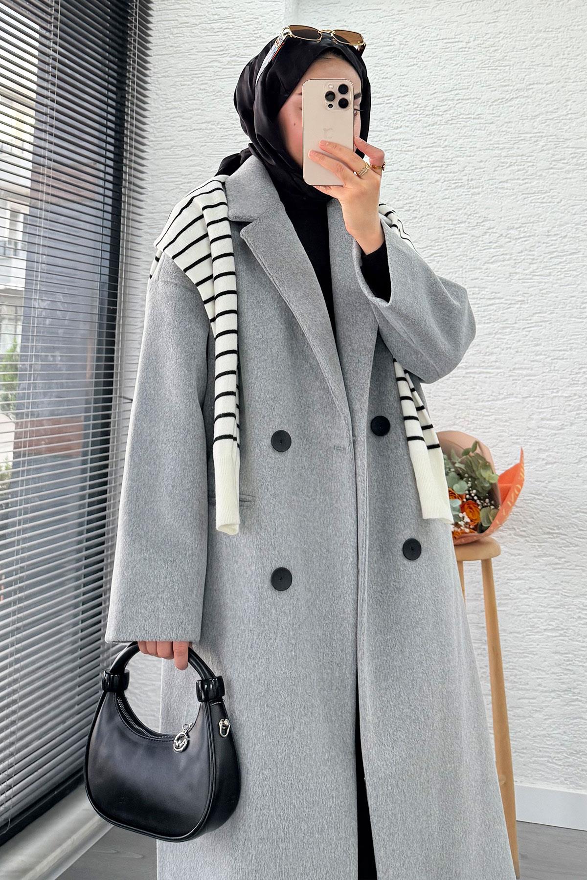 Premium Dört Düğmeli Cepli Oversize Kaşe Kaban - Gri