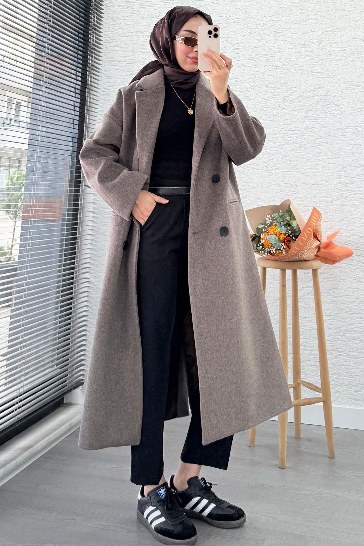 Premium Dört Düğmeli Cepli Oversize Kaşe Kaban - Kahverengi