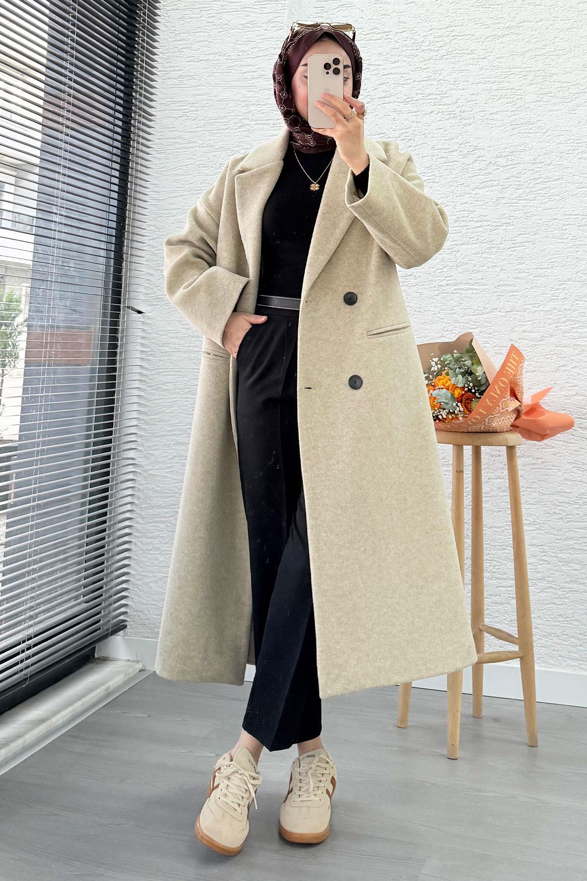 Premium Dört Düğmeli Cepli Oversize Kaşe Kaban - Bej