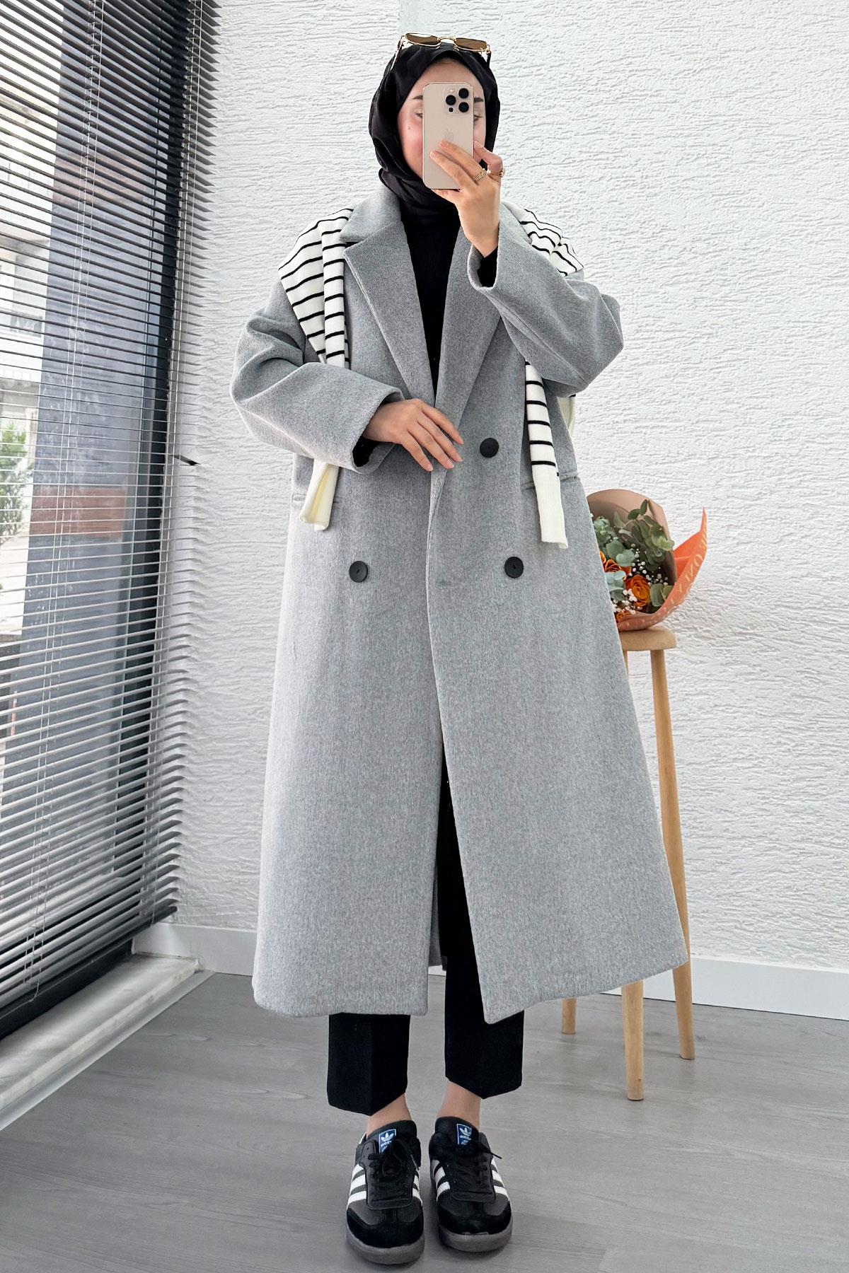 Premium Dört Düğmeli Cepli Oversize Kaşe Kaban - Gri