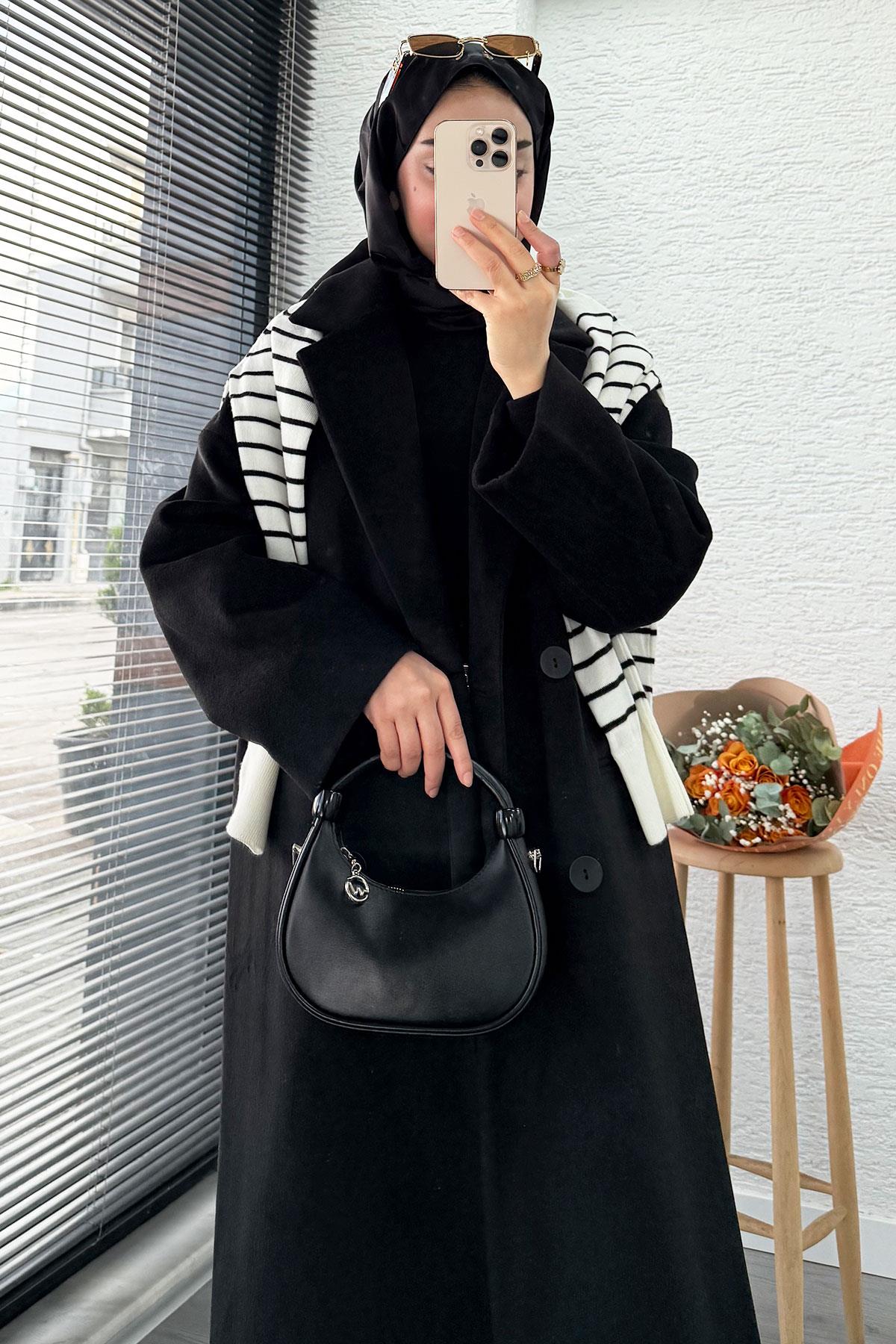 Premium Dört Düğmeli Cepli Oversize Kaşe Kaban - Siyah