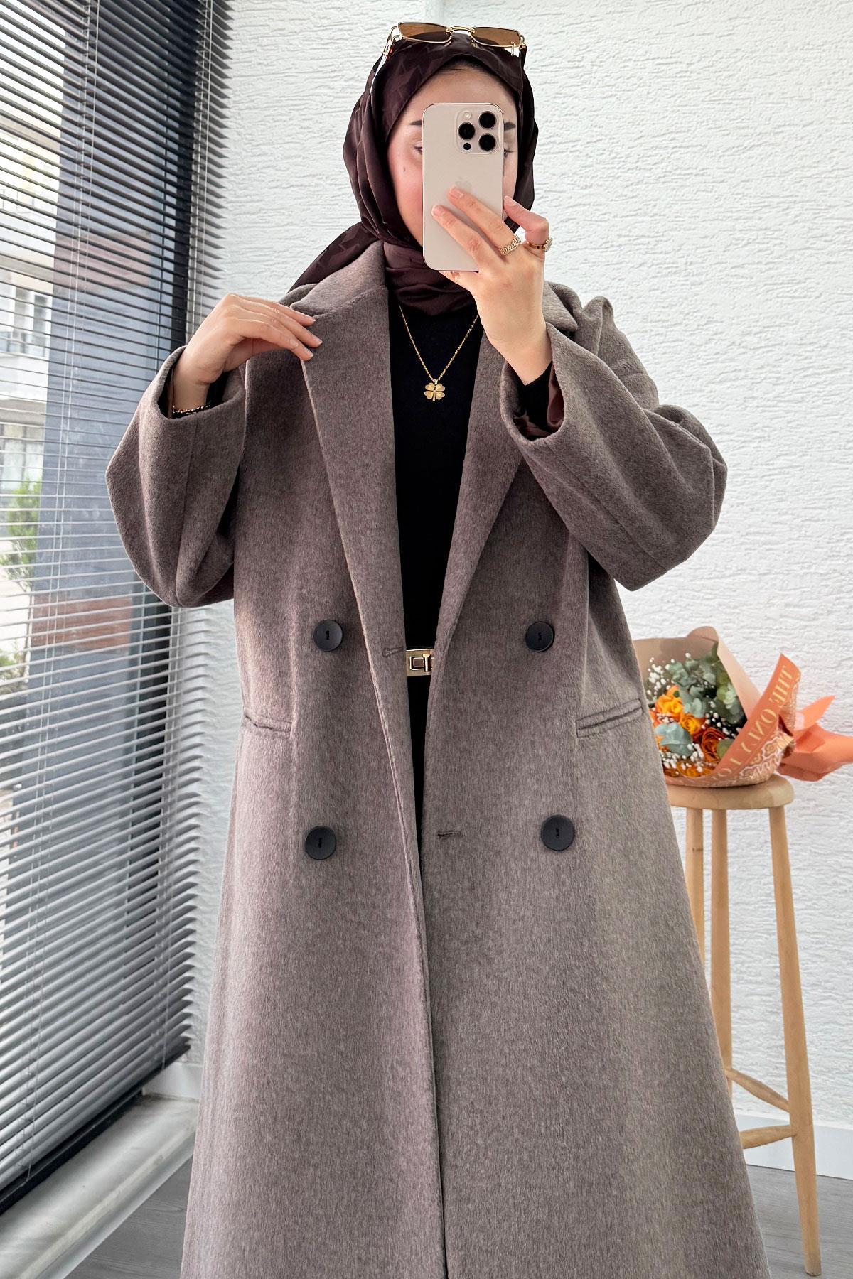 Premium Dört Düğmeli Cepli Oversize Kaşe Kaban - Kahverengi