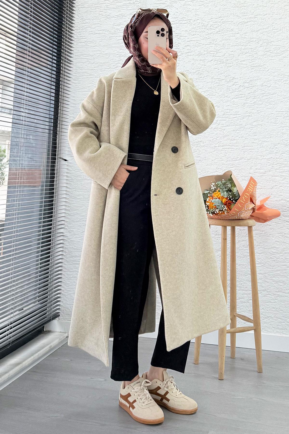 Premium Dört Düğmeli Cepli Oversize Kaşe Kaban - Bej