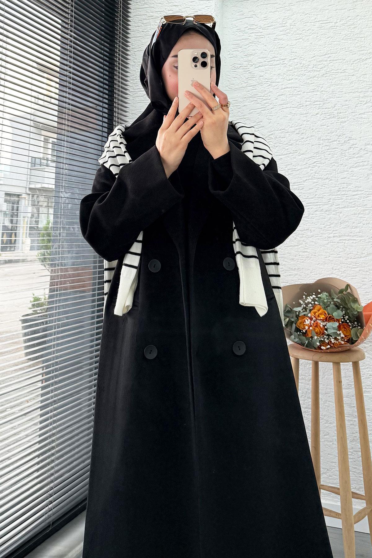 Premium Dört Düğmeli Cepli Oversize Kaşe Kaban - Siyah