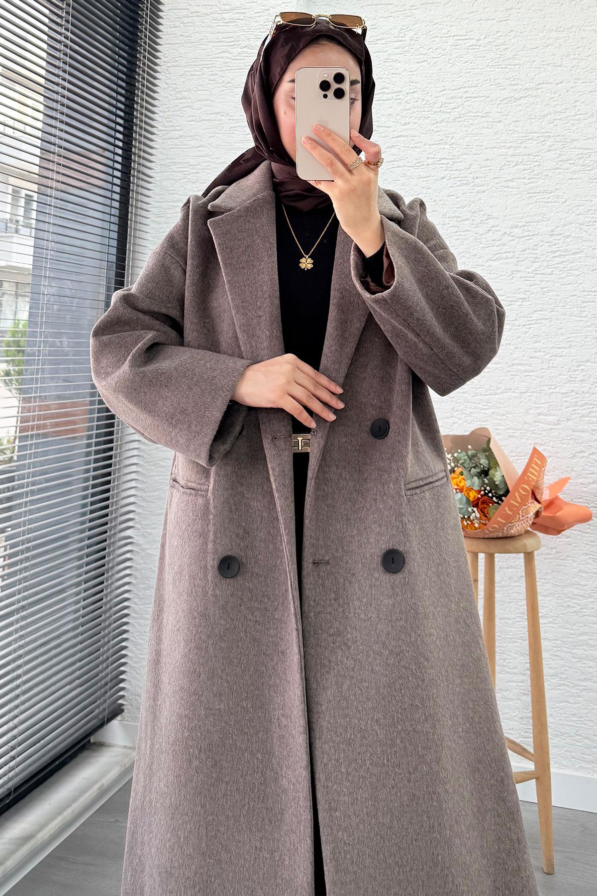 Premium Dört Düğmeli Cepli Oversize Kaşe Kaban - Kahverengi