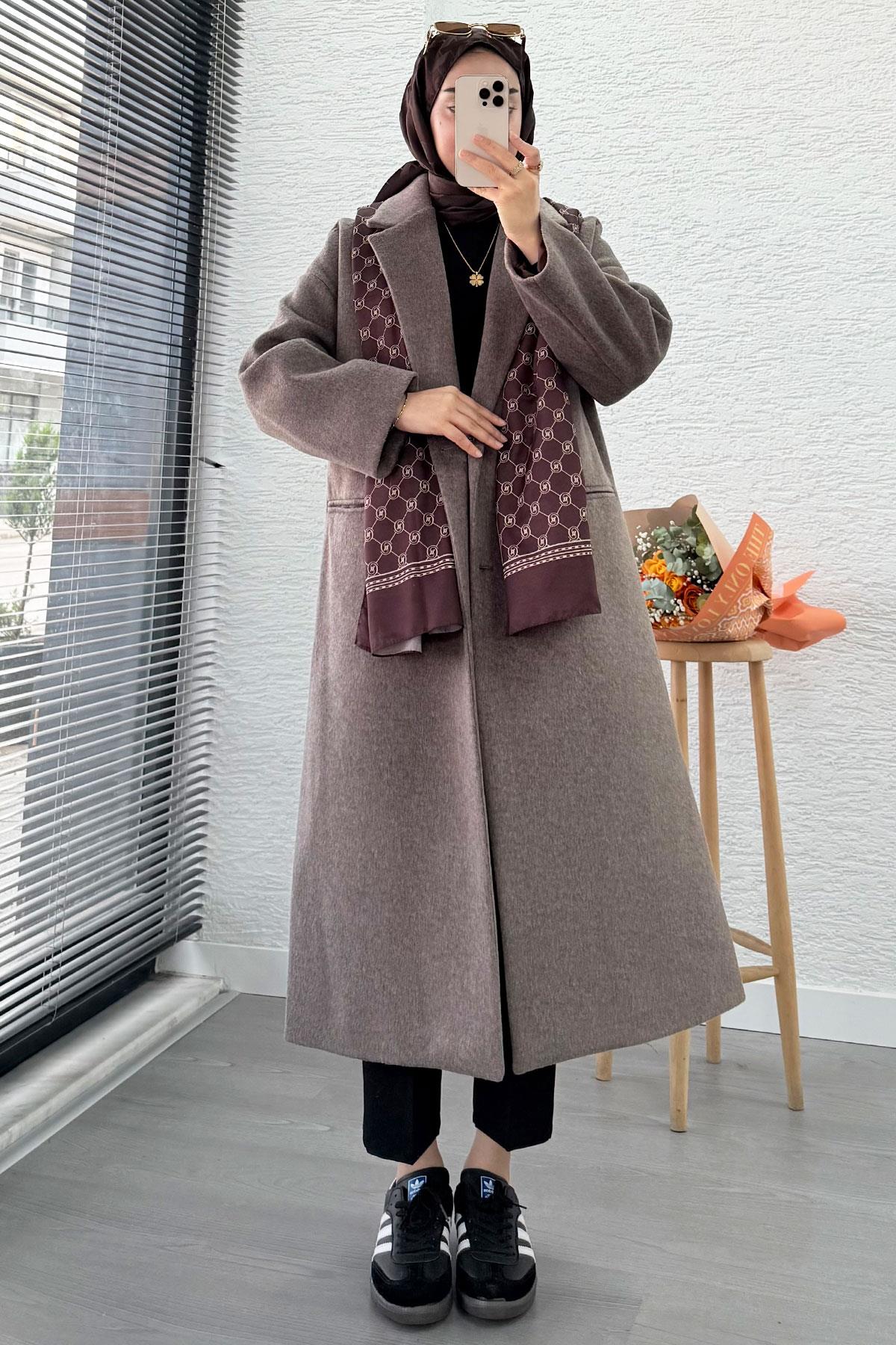 Premium Dört Düğmeli Cepli Oversize Kaşe Kaban - Kahverengi
