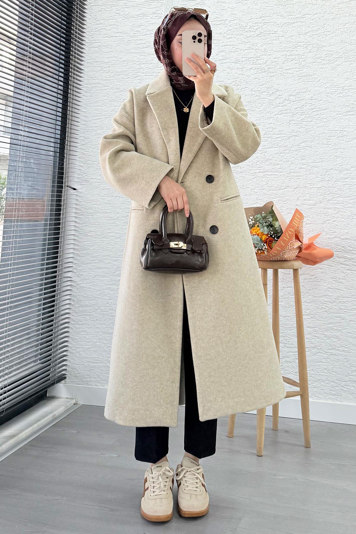 Premium Dört Düğmeli Cepli Oversize Kaşe Kaban - Bej