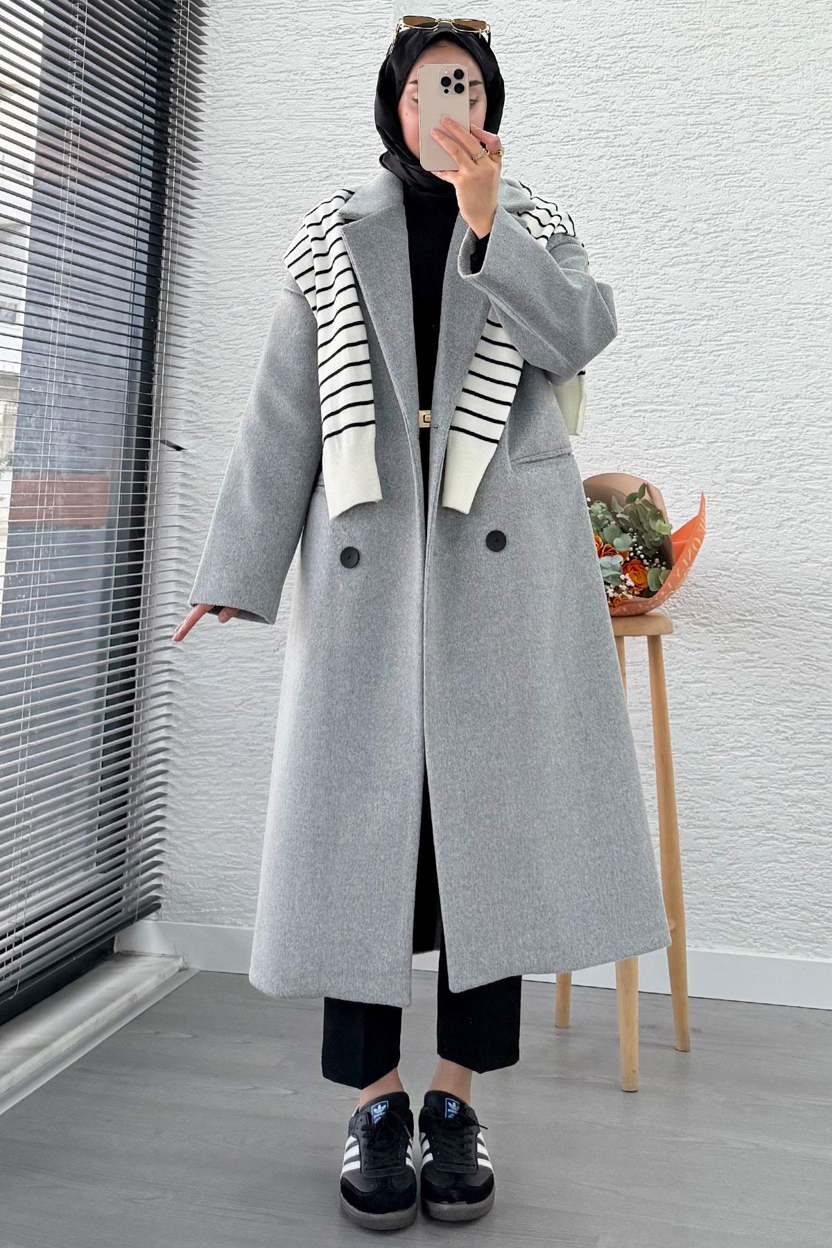Premium Dört Düğmeli Cepli Oversize Kaşe Kaban - Gri