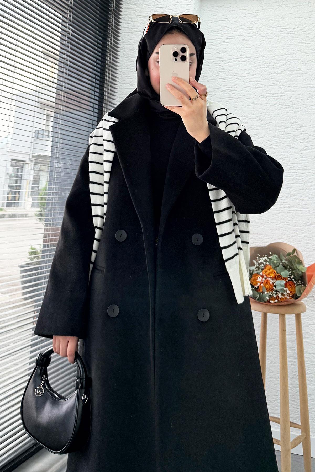 Premium Dört Düğmeli Cepli Oversize Kaşe Kaban - Siyah
