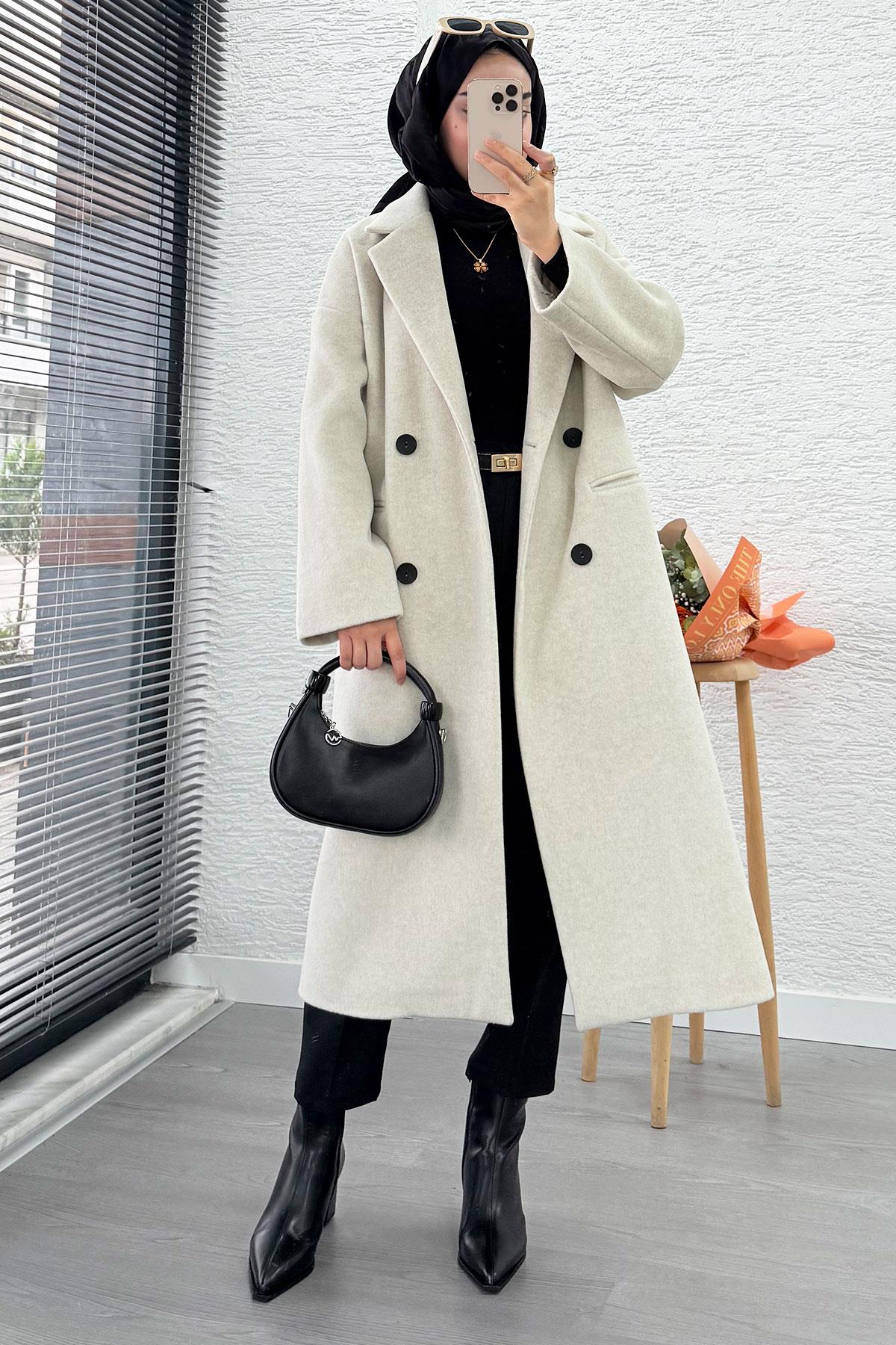 Premium Dört Düğmeli Cepli Oversize Kaşe Kaban - Taş