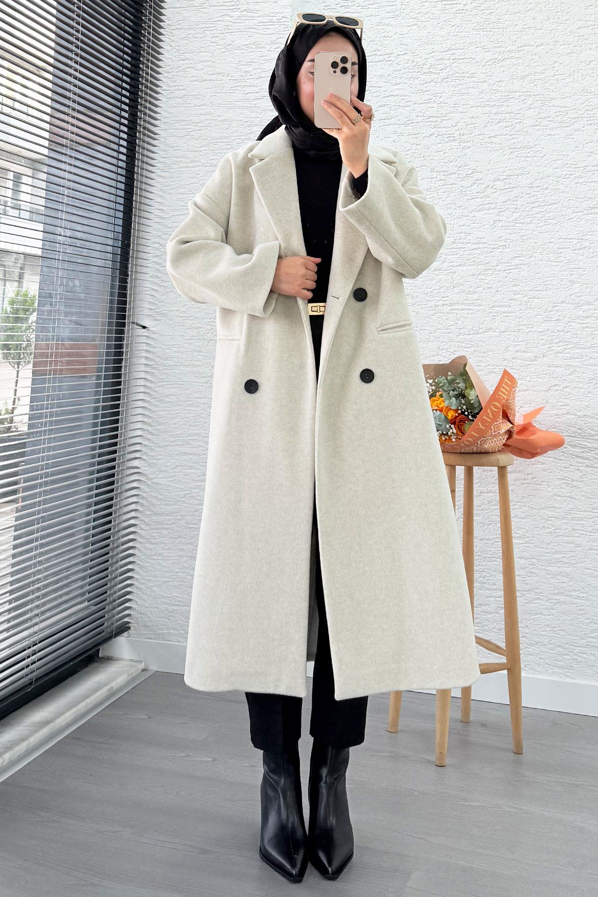 Premium Dört Düğmeli Cepli Oversize Kaşe Kaban - Taş