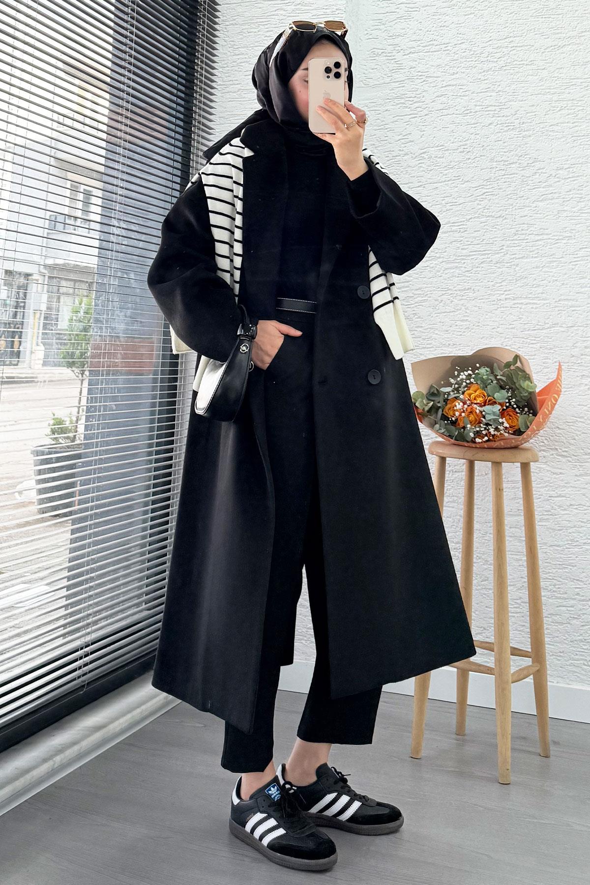 Premium Dört Düğmeli Cepli Oversize Kaşe Kaban - Siyah