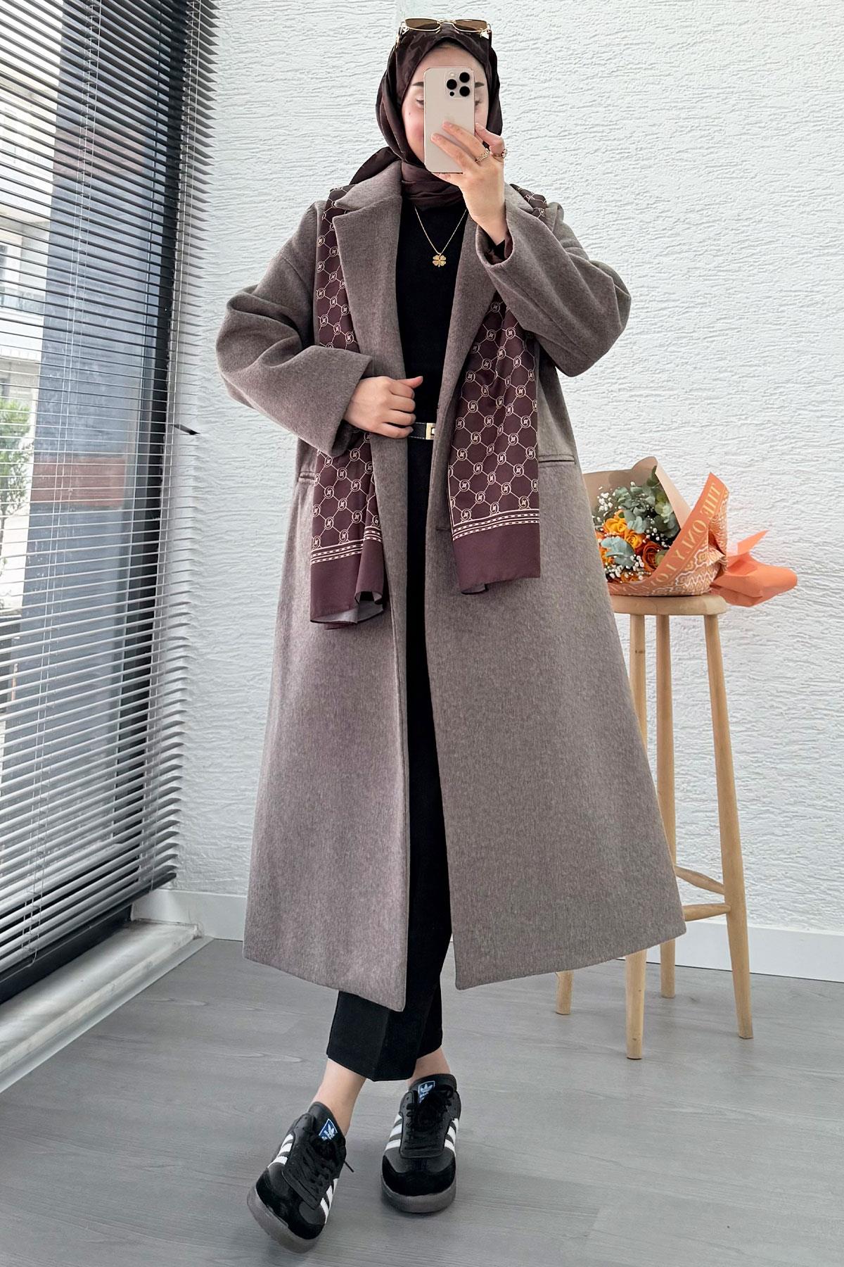 Premium Dört Düğmeli Cepli Oversize Kaşe Kaban - Kahverengi