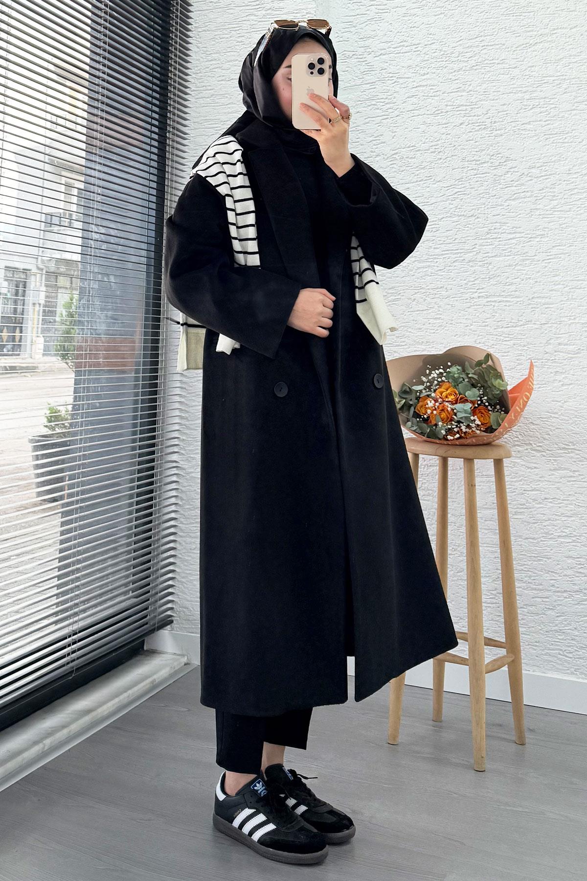 Premium Dört Düğmeli Cepli Oversize Kaşe Kaban - Siyah