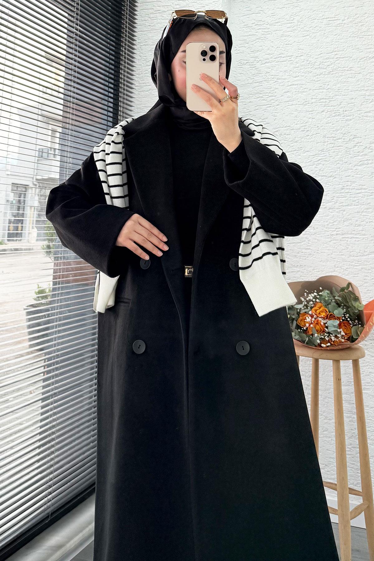 Premium Dört Düğmeli Cepli Oversize Kaşe Kaban - Siyah