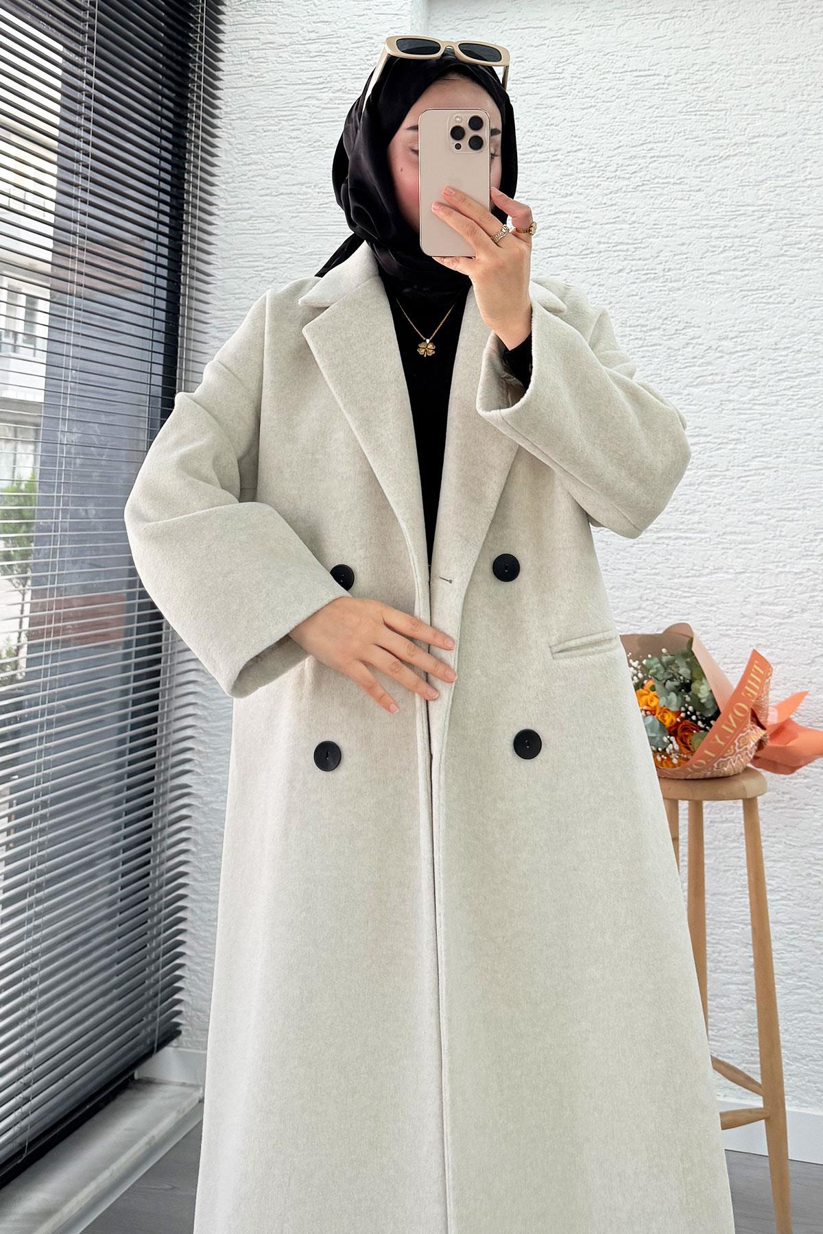 Premium Dört Düğmeli Cepli Oversize Kaşe Kaban - Taş