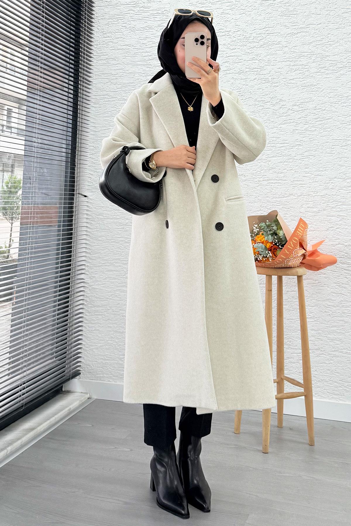 Premium Dört Düğmeli Cepli Oversize Kaşe Kaban - Taş