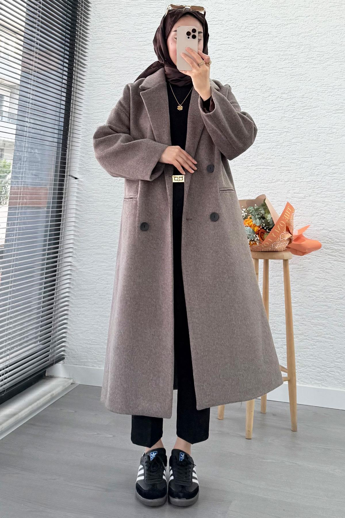 Premium Dört Düğmeli Cepli Oversize Kaşe Kaban - Kahverengi