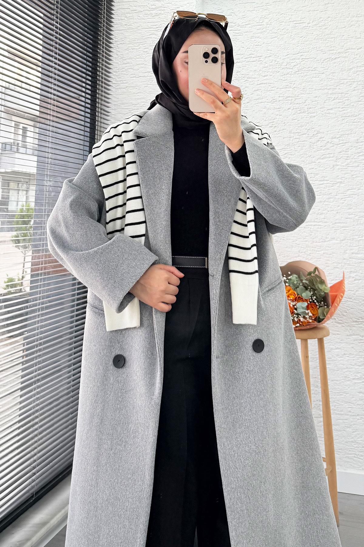 Premium Dört Düğmeli Cepli Oversize Kaşe Kaban - Gri