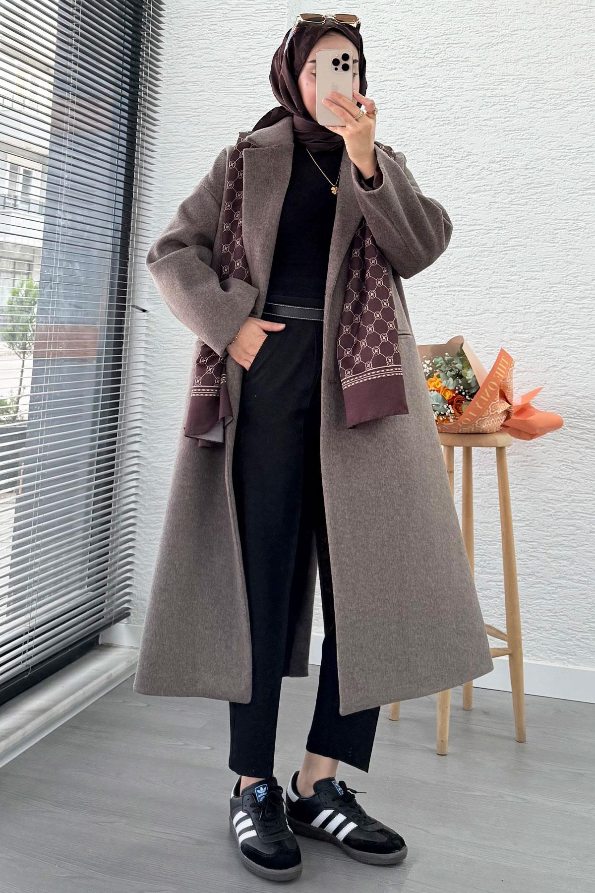 Premium Dört Düğmeli Cepli Oversize Kaşe Kaban - Kahverengi