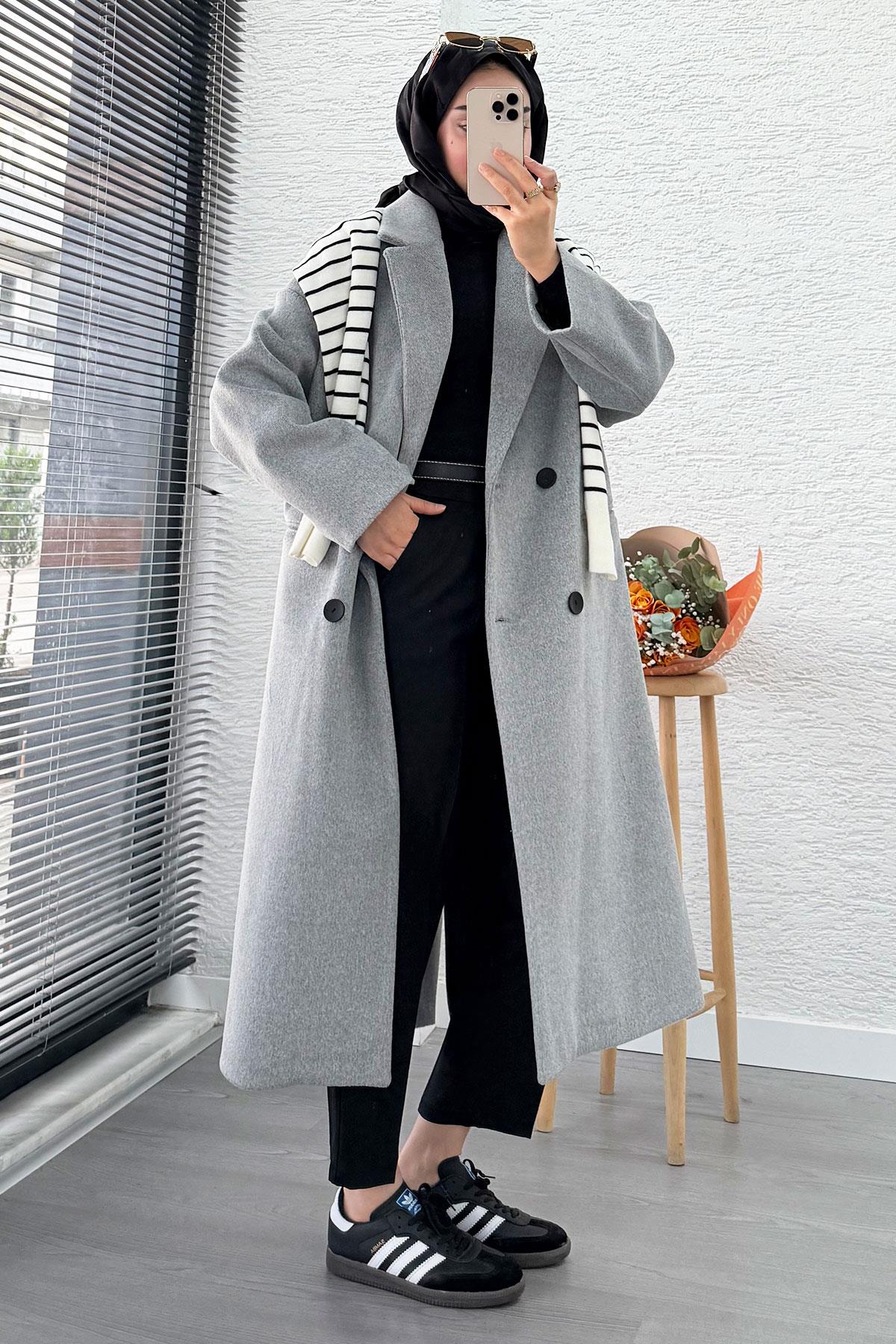 Premium Dört Düğmeli Cepli Oversize Kaşe Kaban - Gri