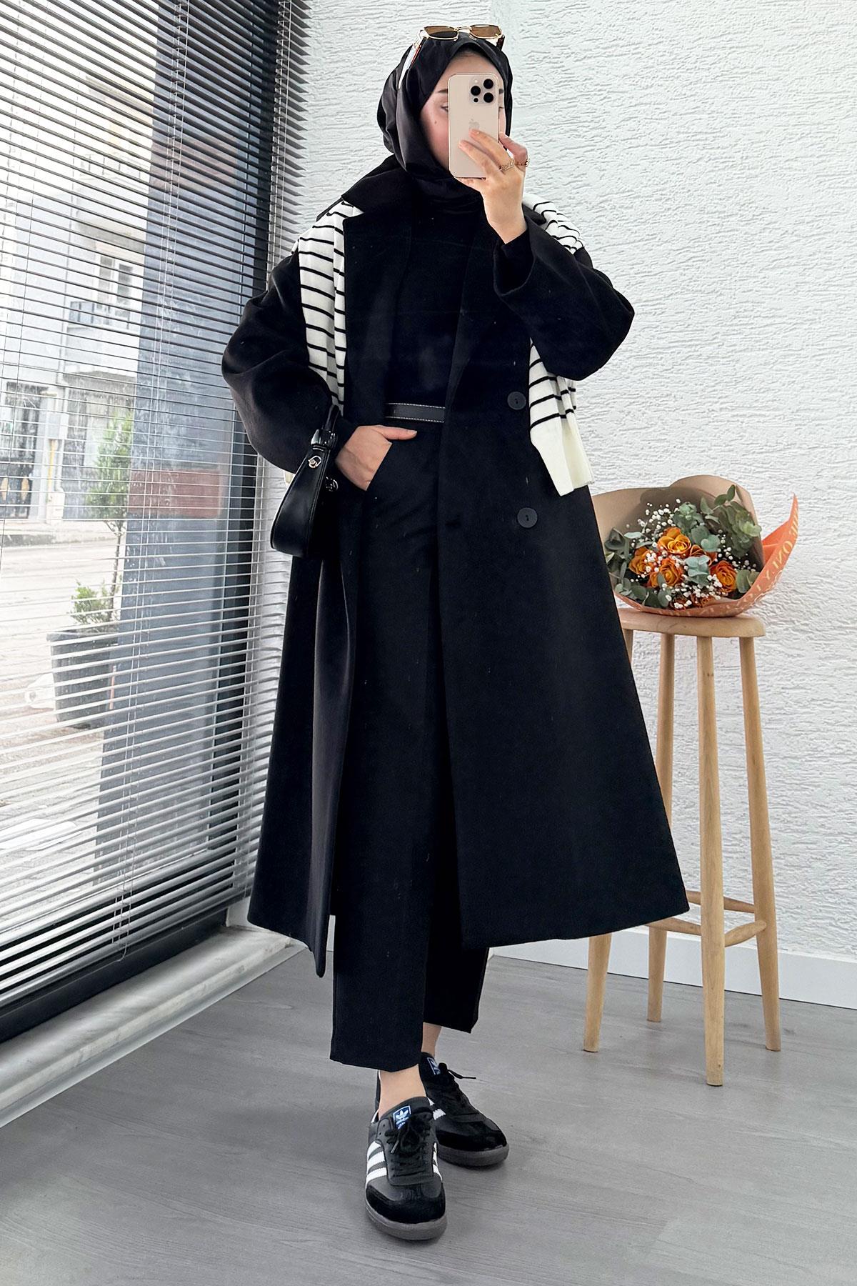 Premium Dört Düğmeli Cepli Oversize Kaşe Kaban - Siyah