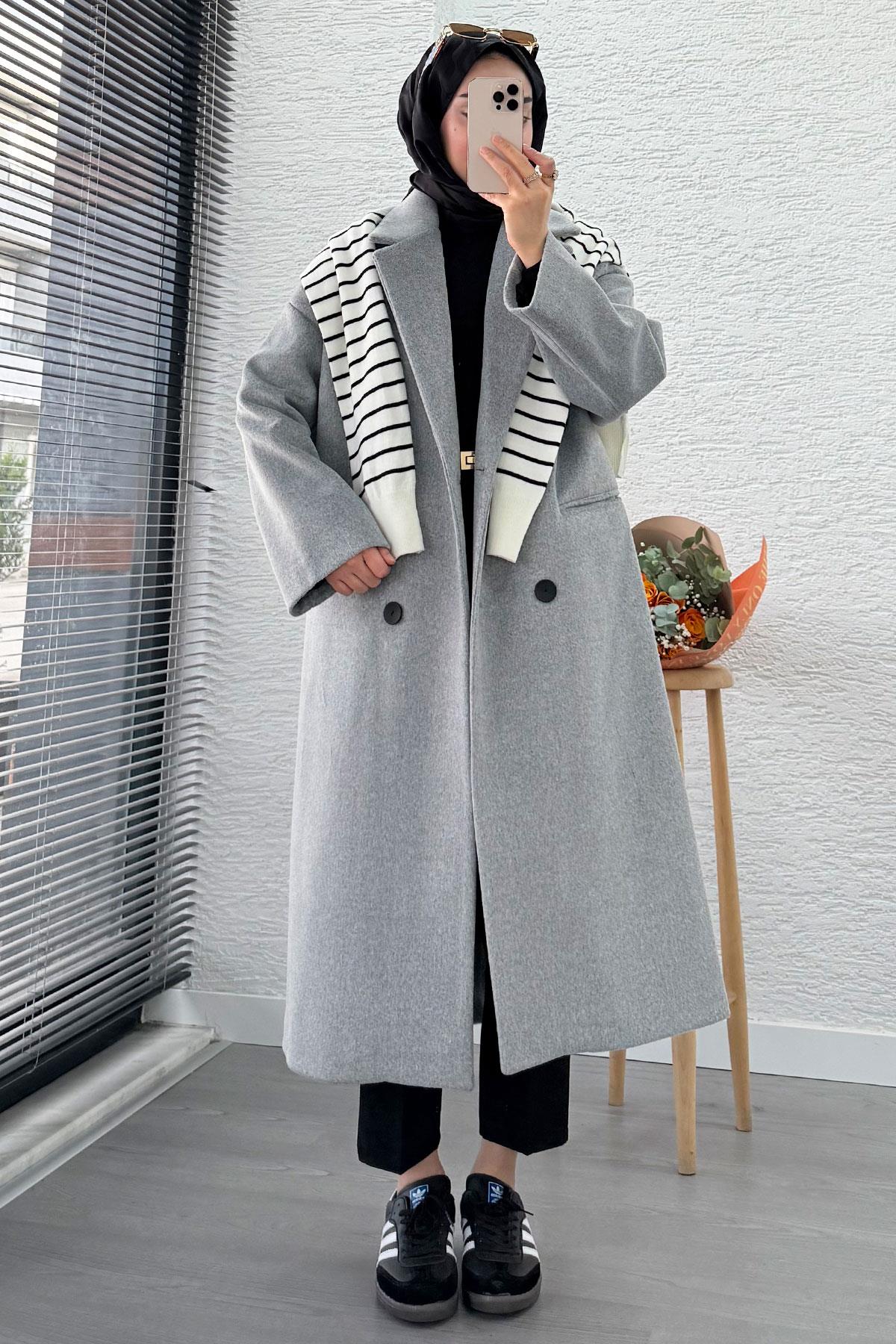 Premium Dört Düğmeli Cepli Oversize Kaşe Kaban - Gri