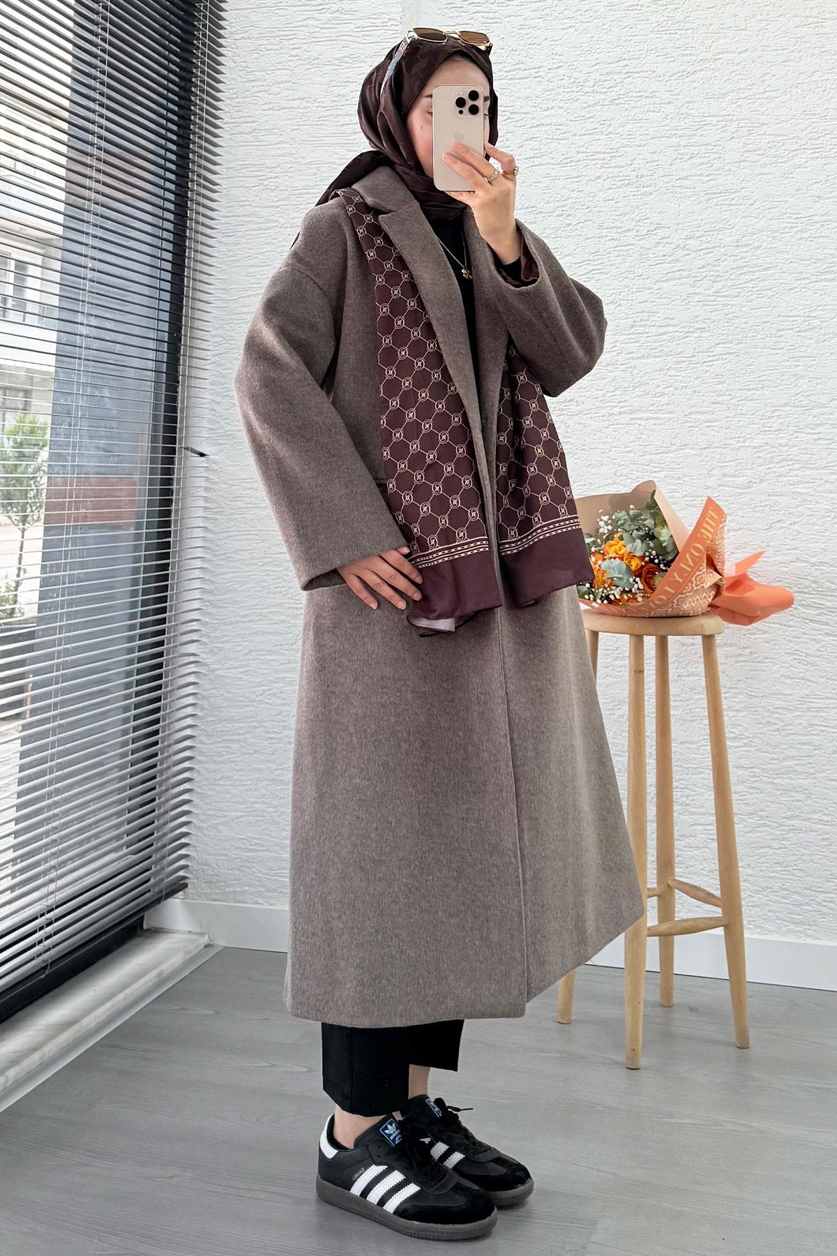 Premium Dört Düğmeli Cepli Oversize Kaşe Kaban - Kahverengi