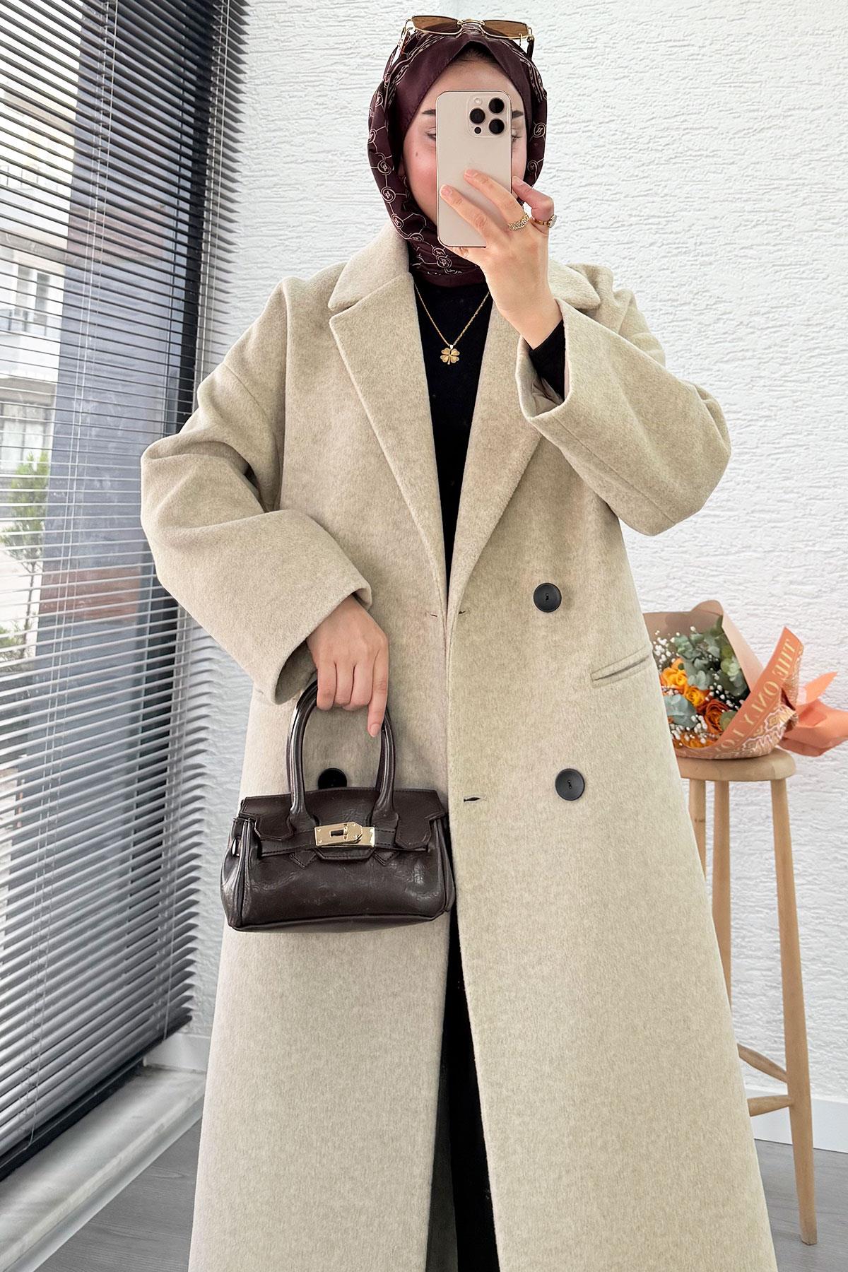 Premium Dört Düğmeli Cepli Oversize Kaşe Kaban - Bej