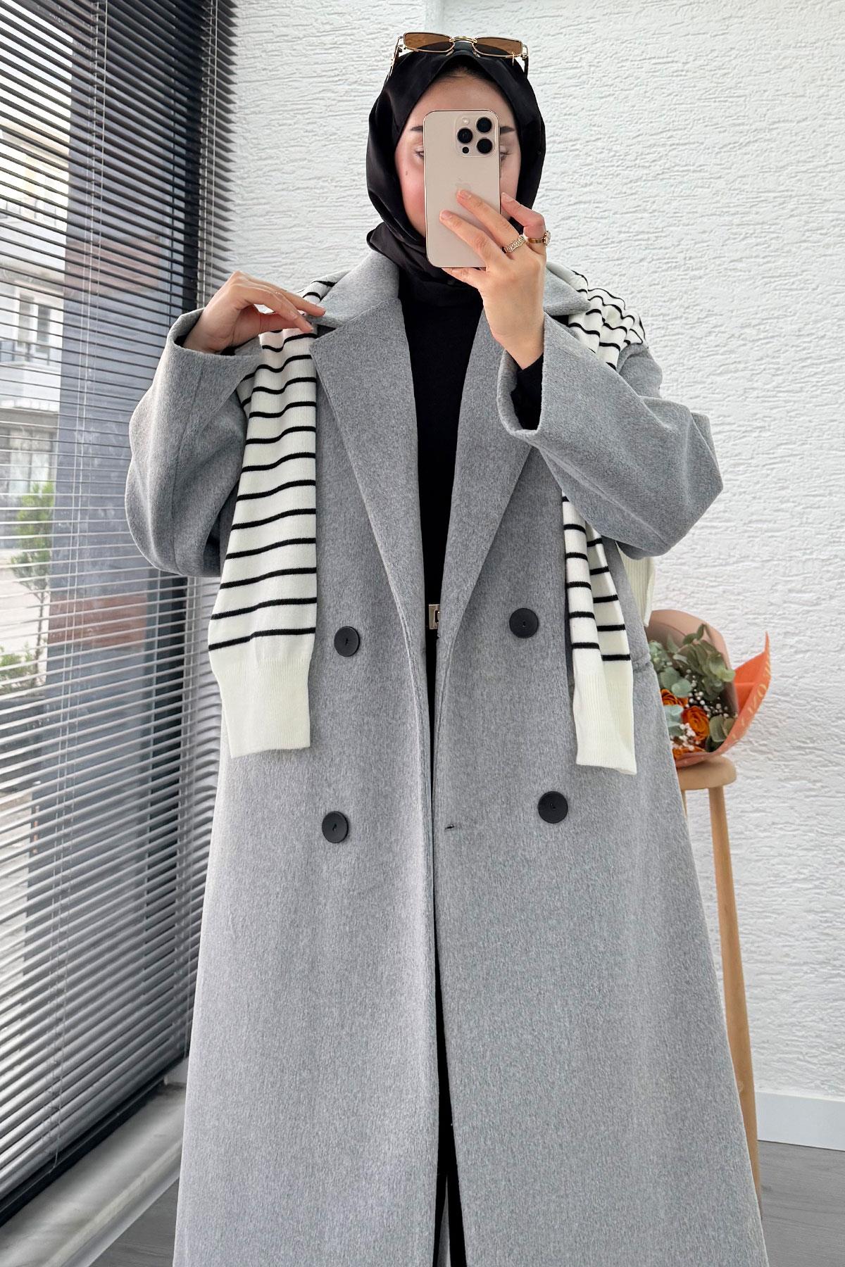Premium Dört Düğmeli Cepli Oversize Kaşe Kaban - Gri