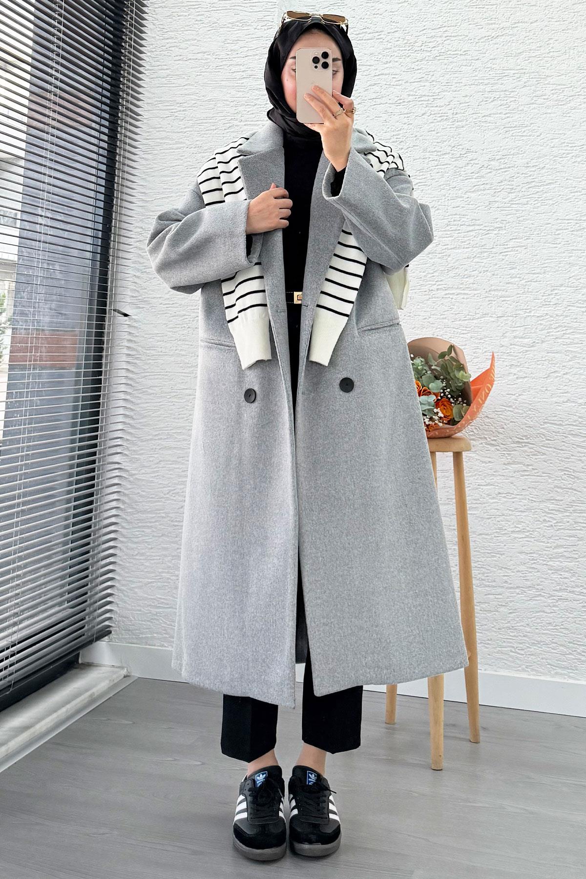 Premium Dört Düğmeli Cepli Oversize Kaşe Kaban - Gri